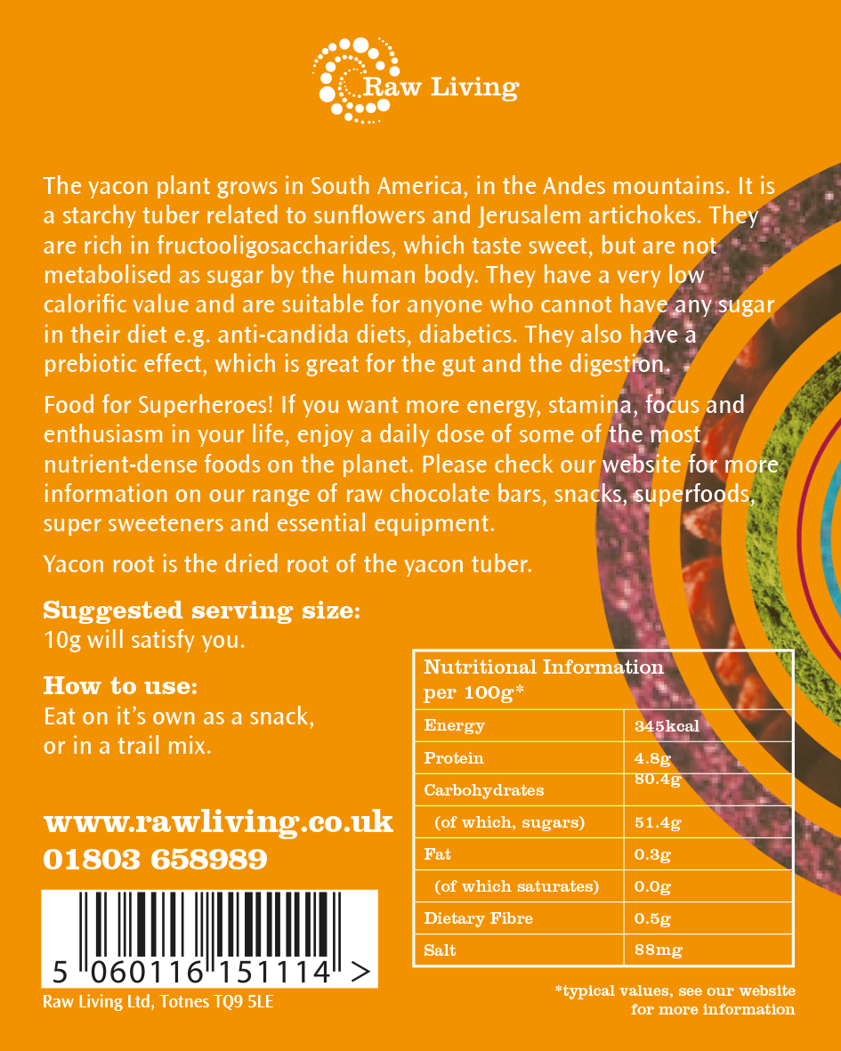 Yacon Root | Raw Living UK | Raw Foods | Natural Sweeteners | Raw Living Yacon is a Peruvian root vegetable containing Fructo-Oligosaccharides sugars. These sugars not absorbed by the body, making Yacon a Low GI Sweetener.