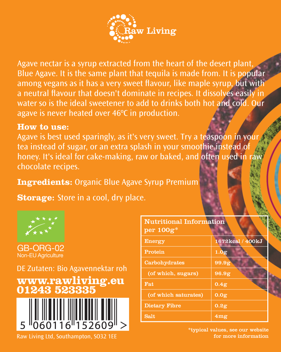 Organic Agave Nectar | Raw Living UK | Natural Sweeteners | Raw Living Organic Agave Nectar is a Natural Sweetener, primarily Fructose. It&#39;s Raw, Low GI, Gluten-Free, Diabetic Friendly &amp; Kosher; it will not crystallise.