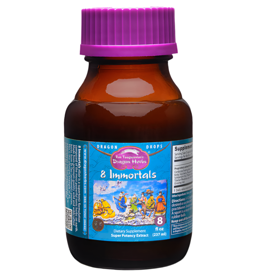 Bottle of '8 Immortals' dragon drops with a purple cap on a gray background