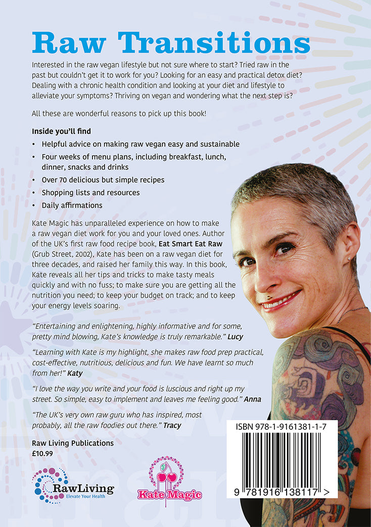 Raw Transitions 30 Day Menu Plan  (Print) | Kate Magic | Raw Living UK | Books | 'Raw Transitions' by Raw Vegan Food Chef, Kate Magic is a 28 day Menu Plan to help you transition into the raw lifestyle. Filled with tips & recipes.