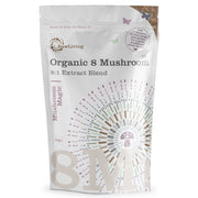 A package of Raw Living Organic 8 Mushroom Extract Powder.