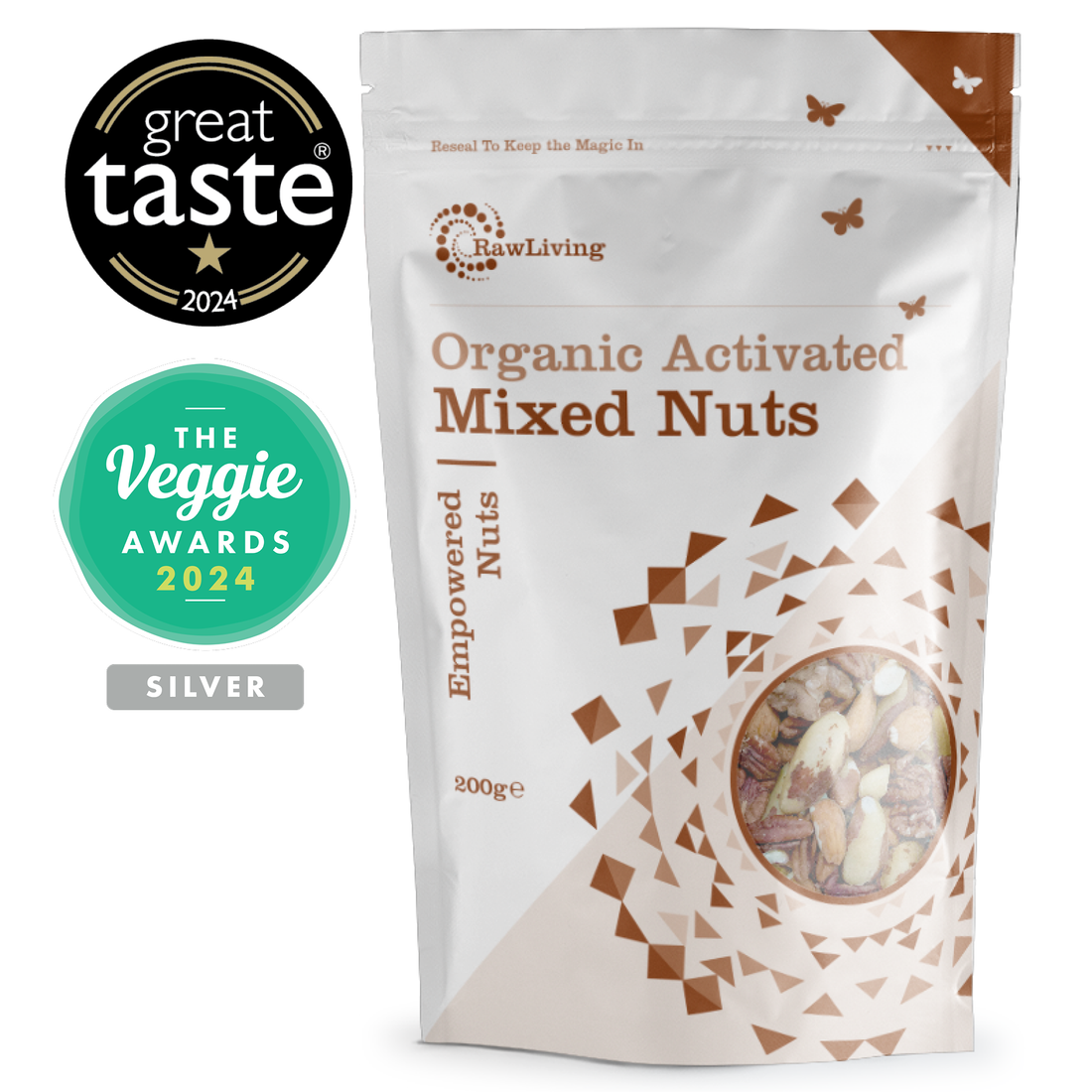 Packaging of Raw Living Organic Activated Mixed Nuts with the 2024 Great Taste Award and 2024 Veggie Awards Silver Medal logos.