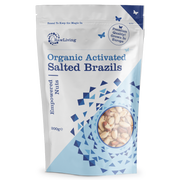 Packaging of Raw Living Organic Activated Salted Brazils showing the nuts and product information.