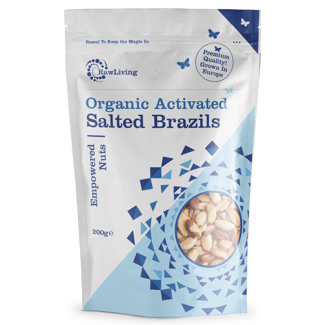 Packaging of Raw Living Organic Activated Salted Brazils showing the nuts and product information.