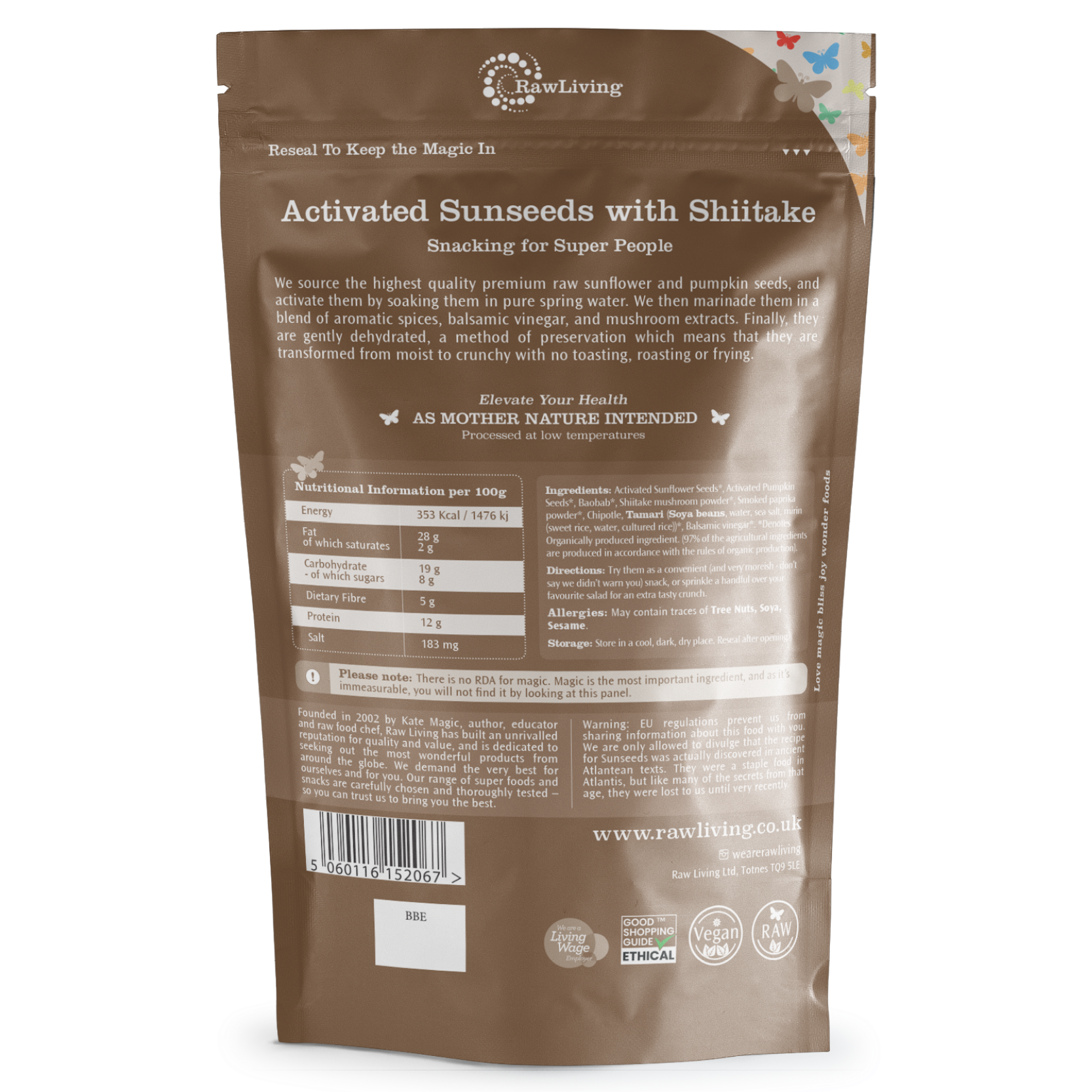 Brown package of Activated Sunseeds with Shiitake by RawLiving on a white background