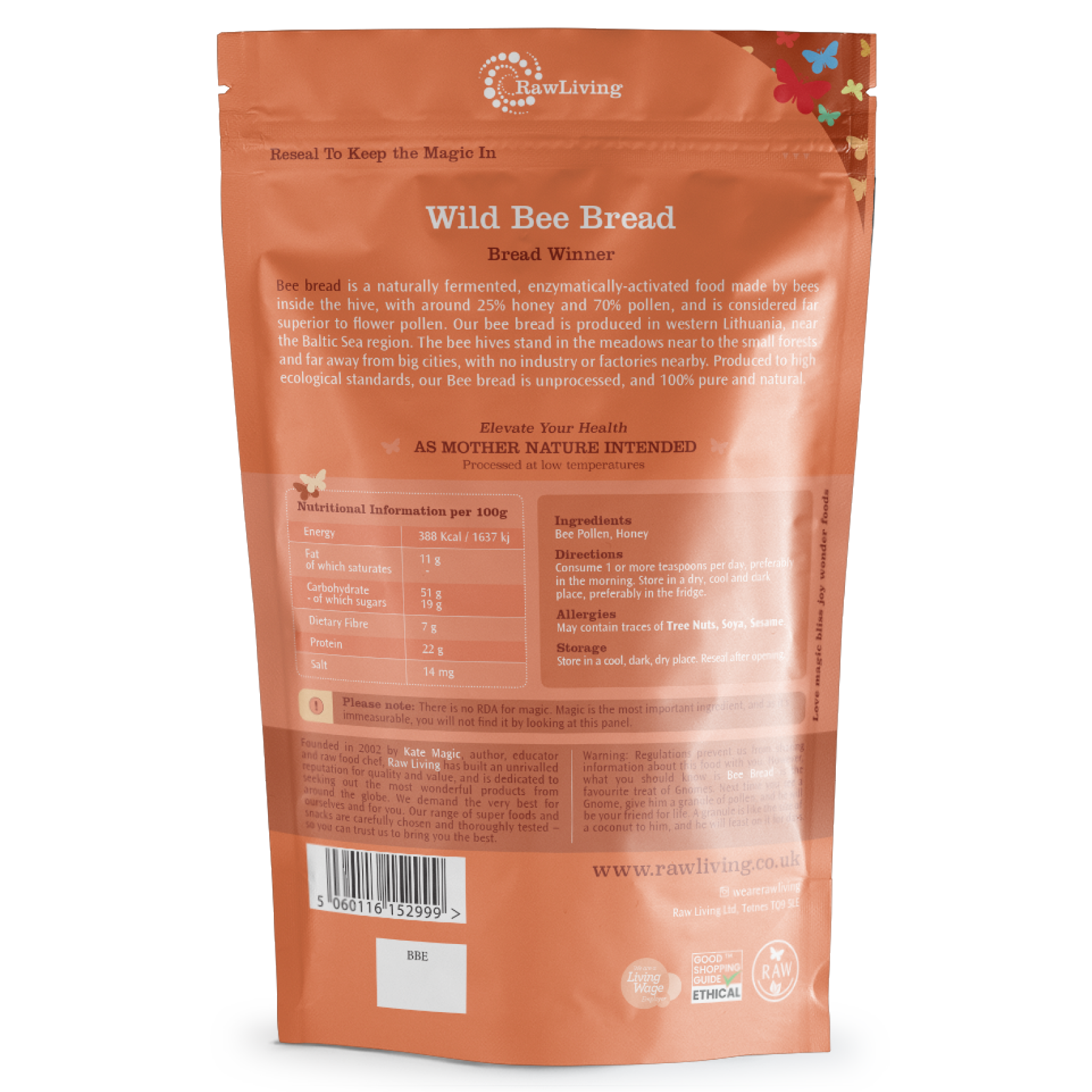 Back view of a RawLiving Wild Bee Bread package with text and nutritional information.