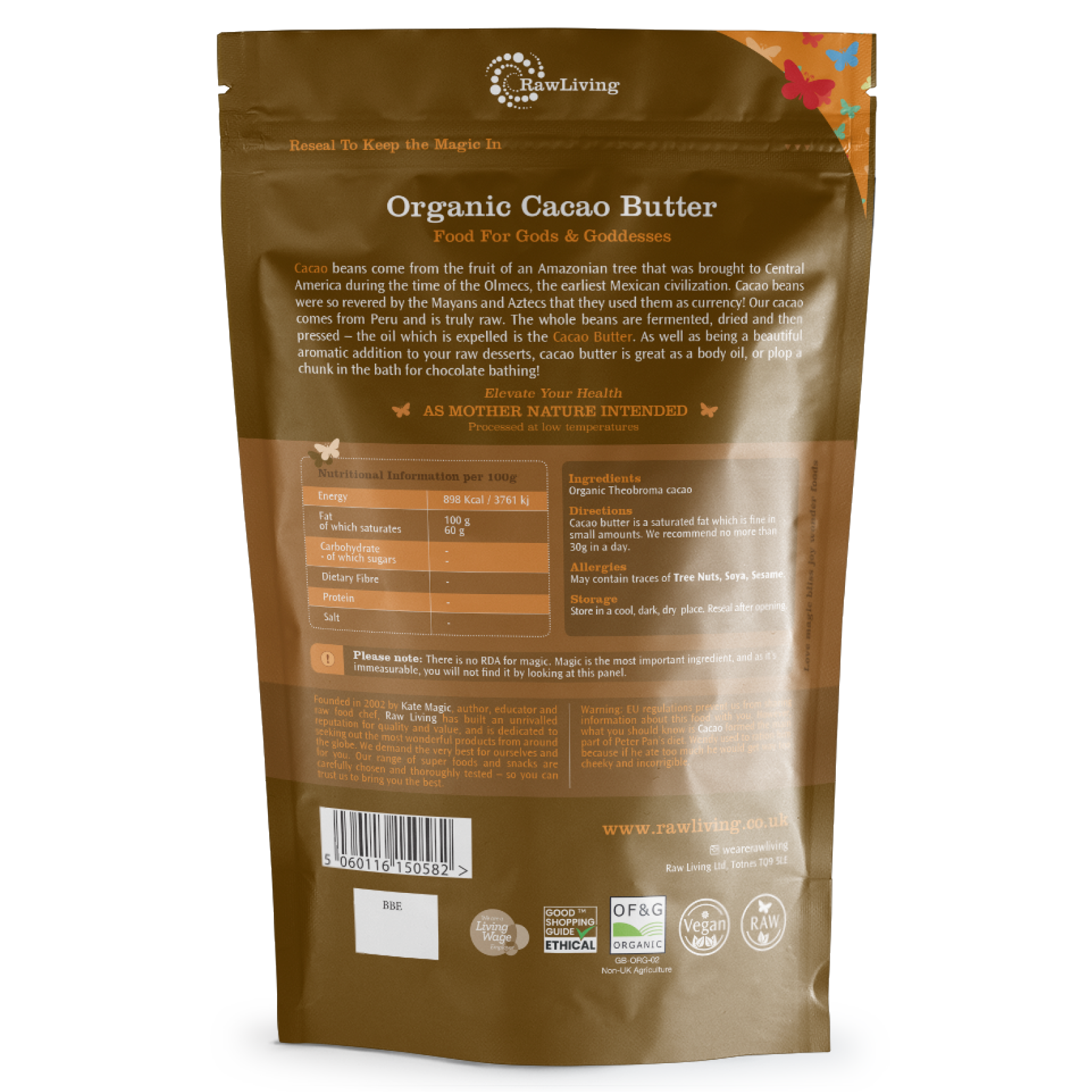 Back view of a RawLiving Organic Cacao Butter package with text and labels.