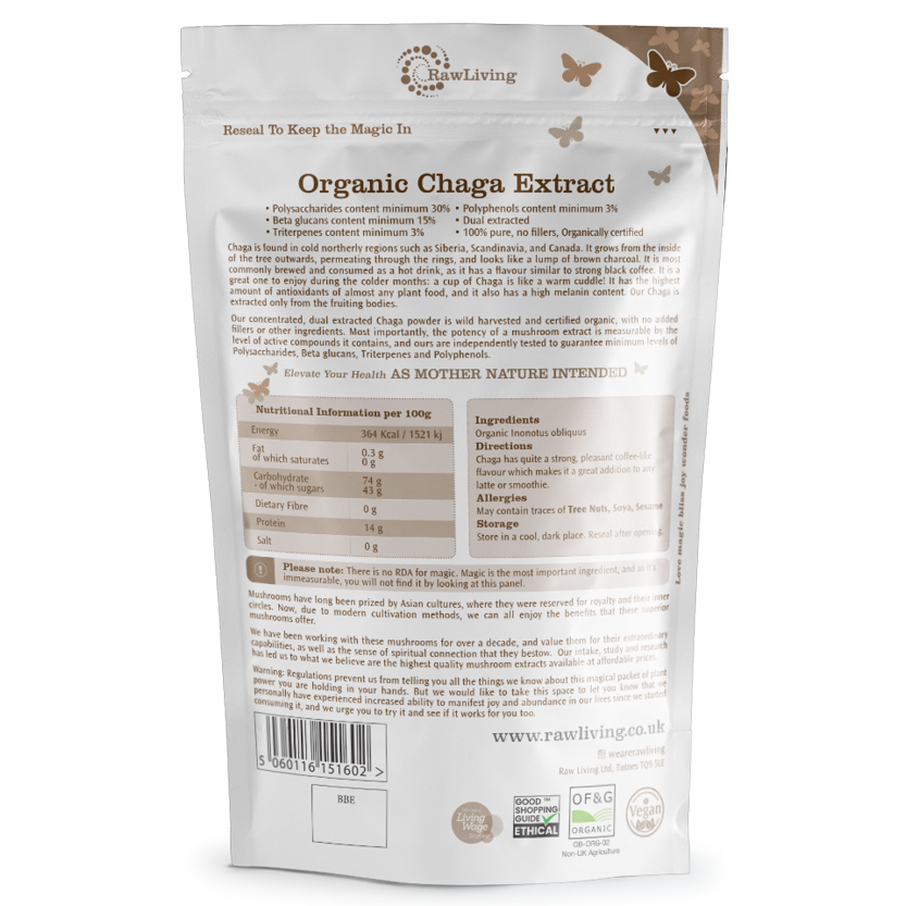 Chaga 10:1 Dual Extract Powder - Organic (50g, 250g, 1kg)