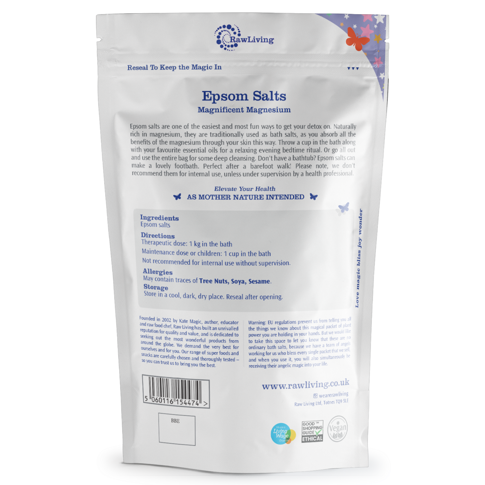 Package of Epsom Salts with Raw Living branding on a white background