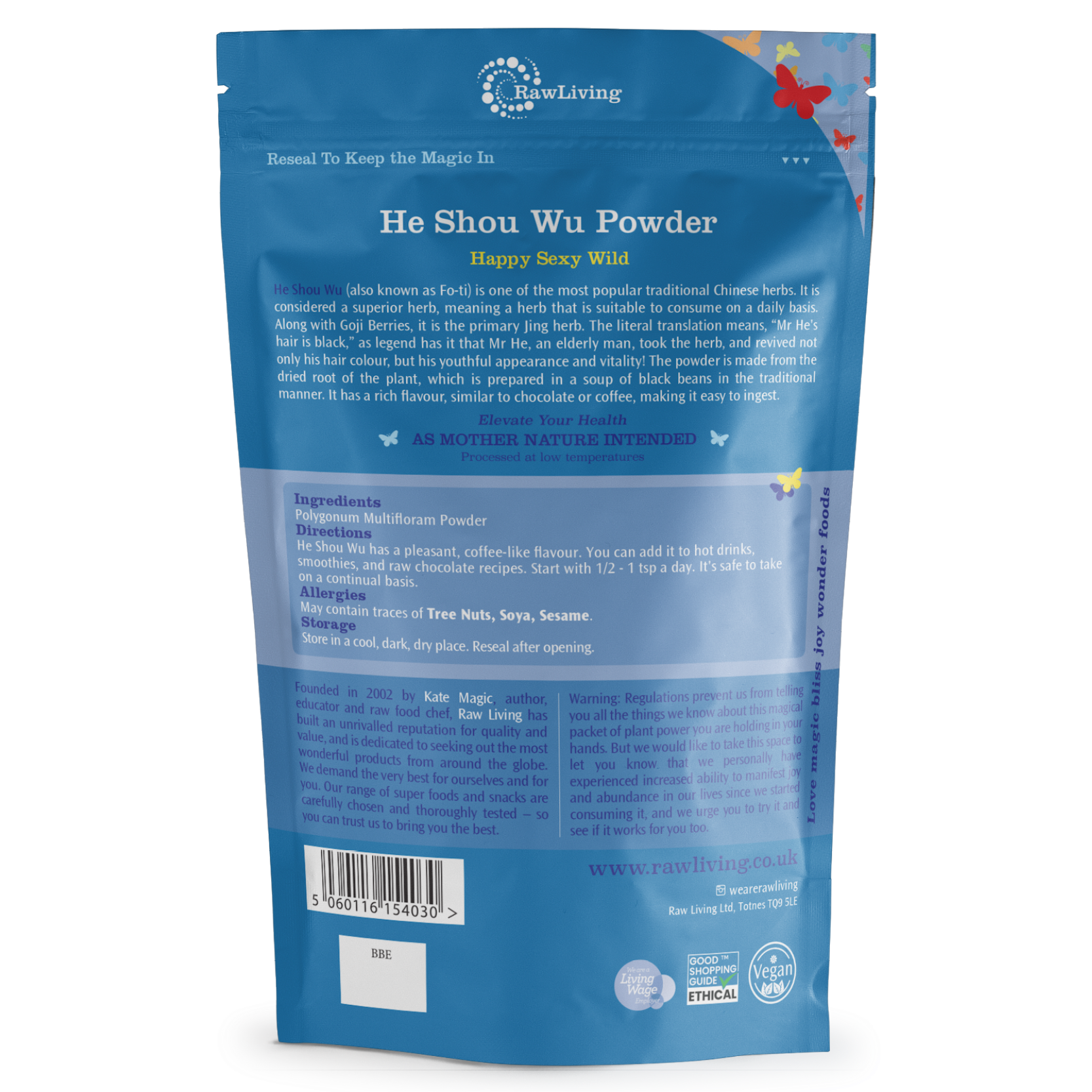 Blue package of He Shou Wu Powder with text and branding on a white background