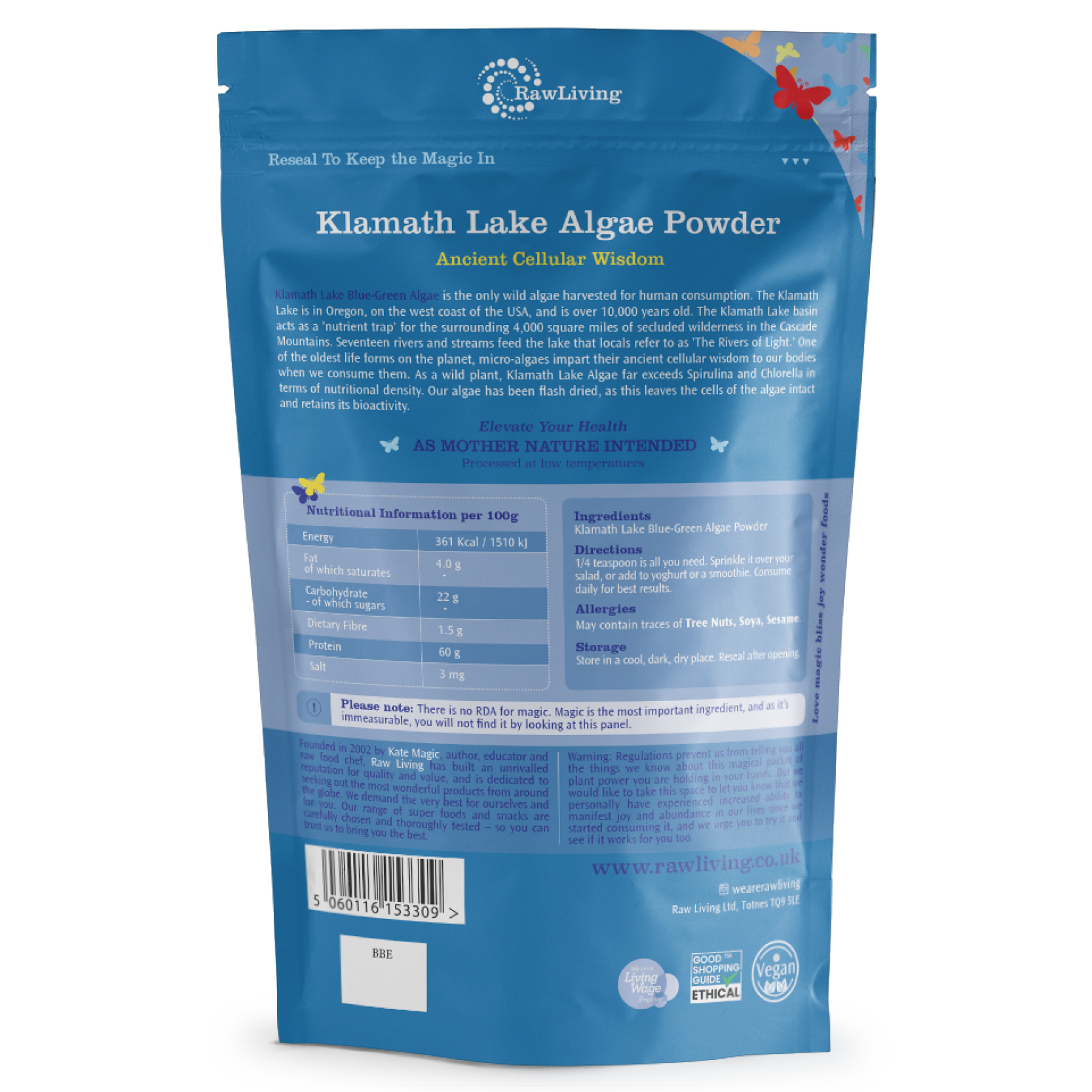 Blue package of Klamath Lake Algae Powder with text and branding on a white background