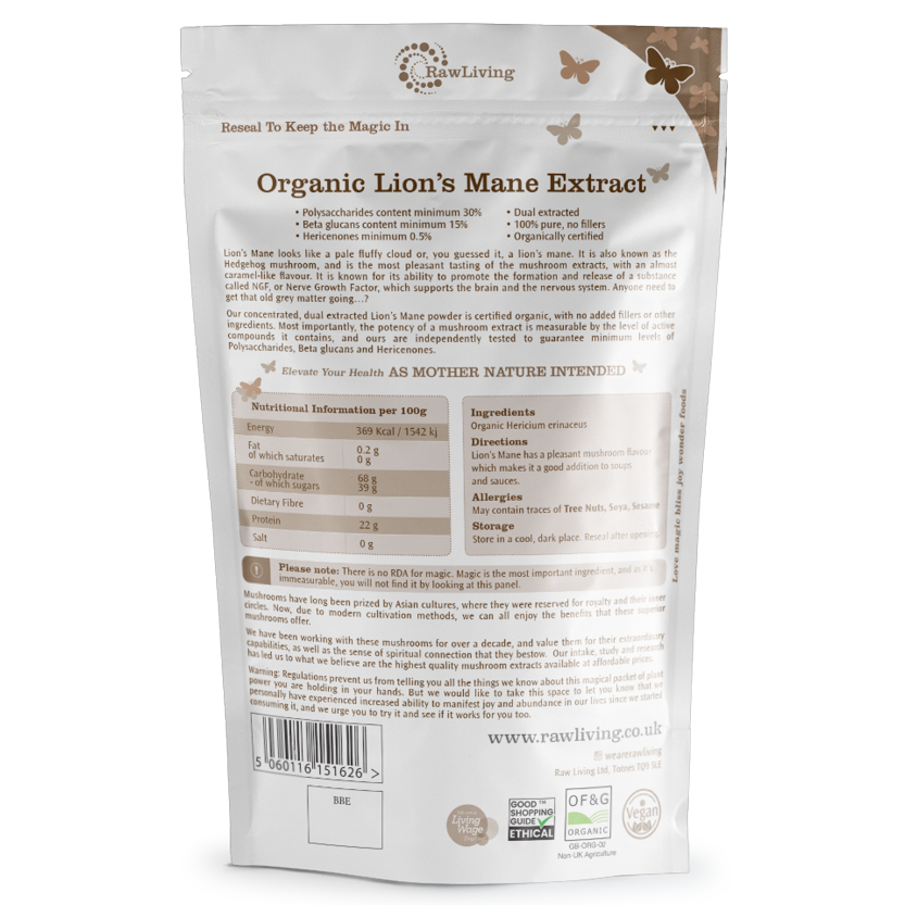 Lions Mane Mushroom Dual Extract Powder - Organic (50g, 250g, 1kg)