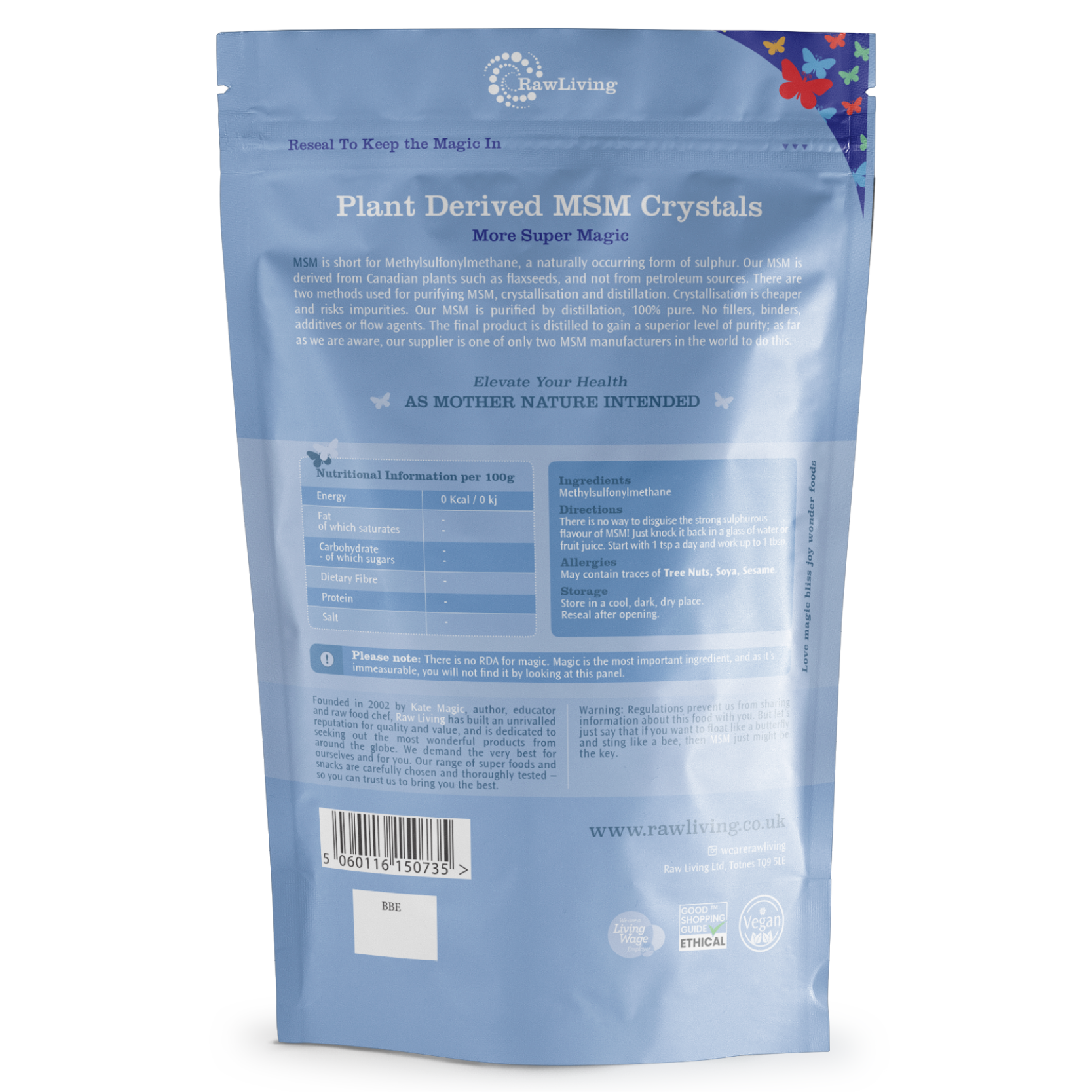 MSM Crystals (Powder) | Raw Living UK | Supplements | Raw Living Plant-Derived MSM (methylsulfonylmethane) crystals are a naturally occurring form of the mineral Sulphur, which is great for Hair, Skin & Nails.