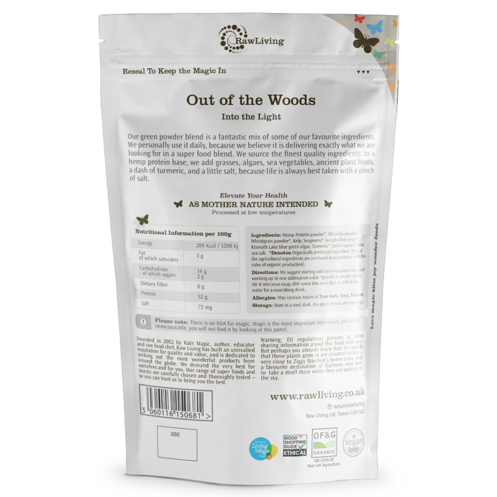 RawLiving 'Out of the Woods' product packaging with text and branding on a white background