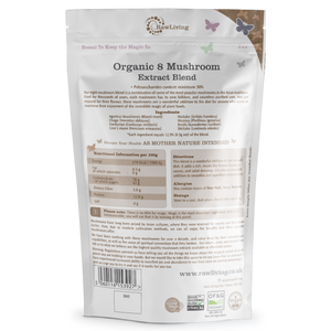 A package of Raw Living Organic 8 Mushroom Extract Powder.