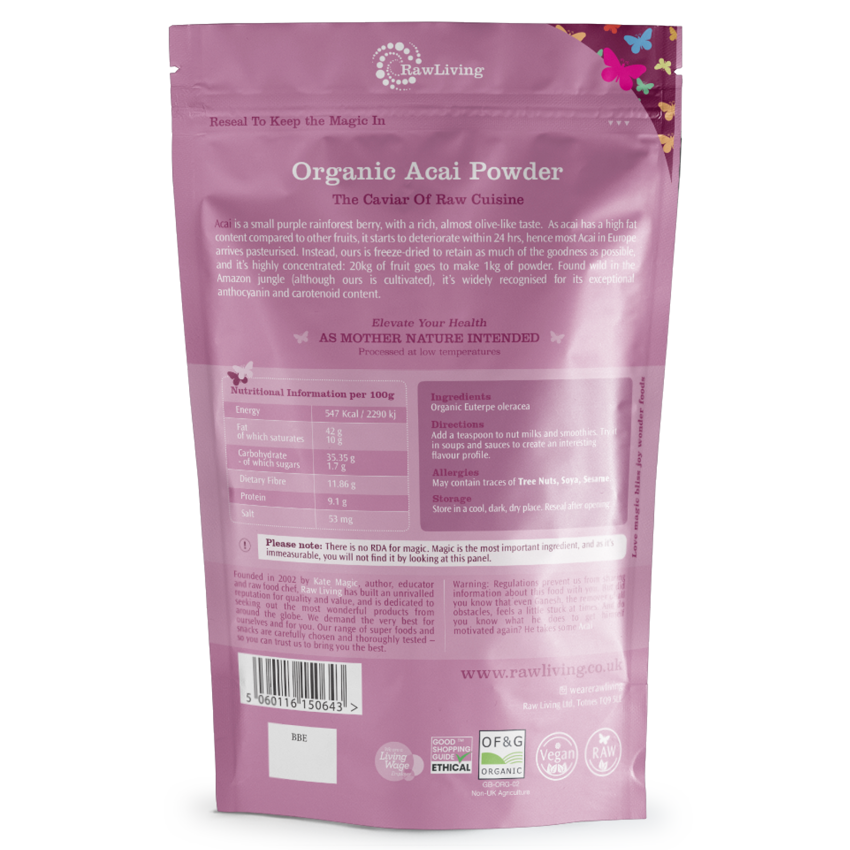 Purple package of RawLiving Organic Acai Powder with text and branding.