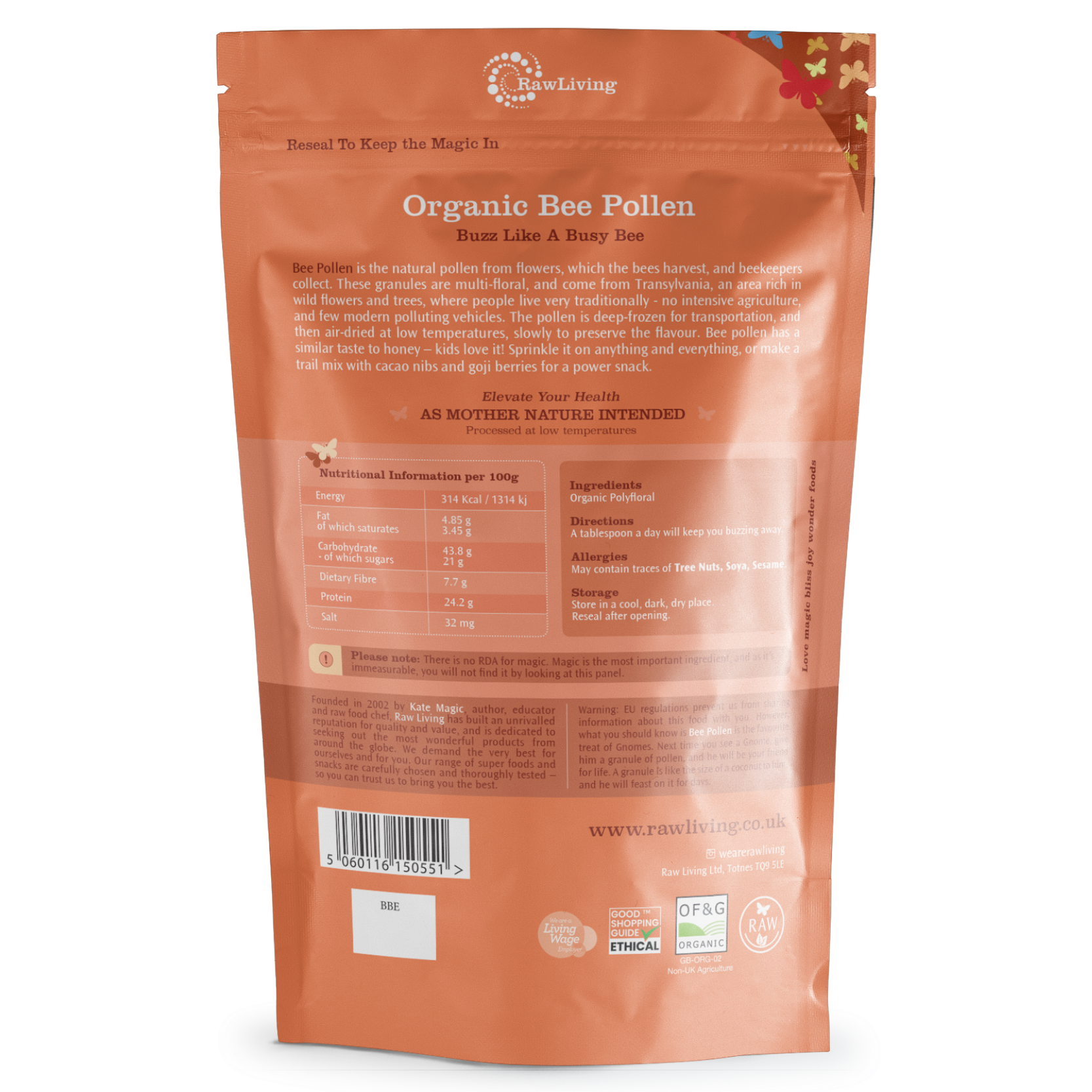 Package of RawLiving Organic Bee Pollen on a white background