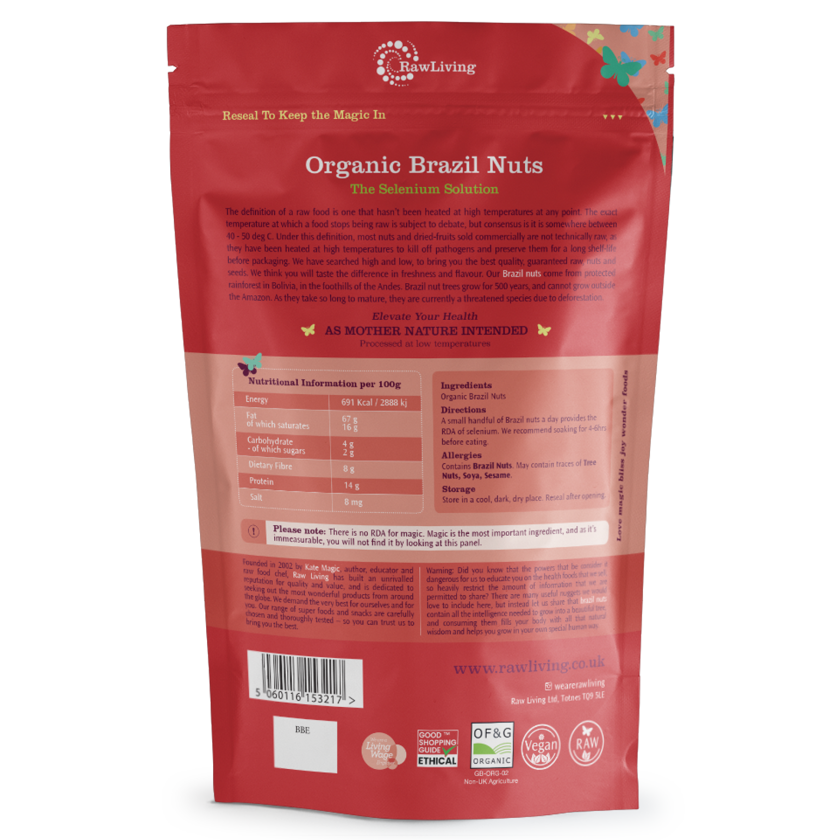 Red package of Organic Brazil Nuts with Nutritional Information and Certifications on a white background