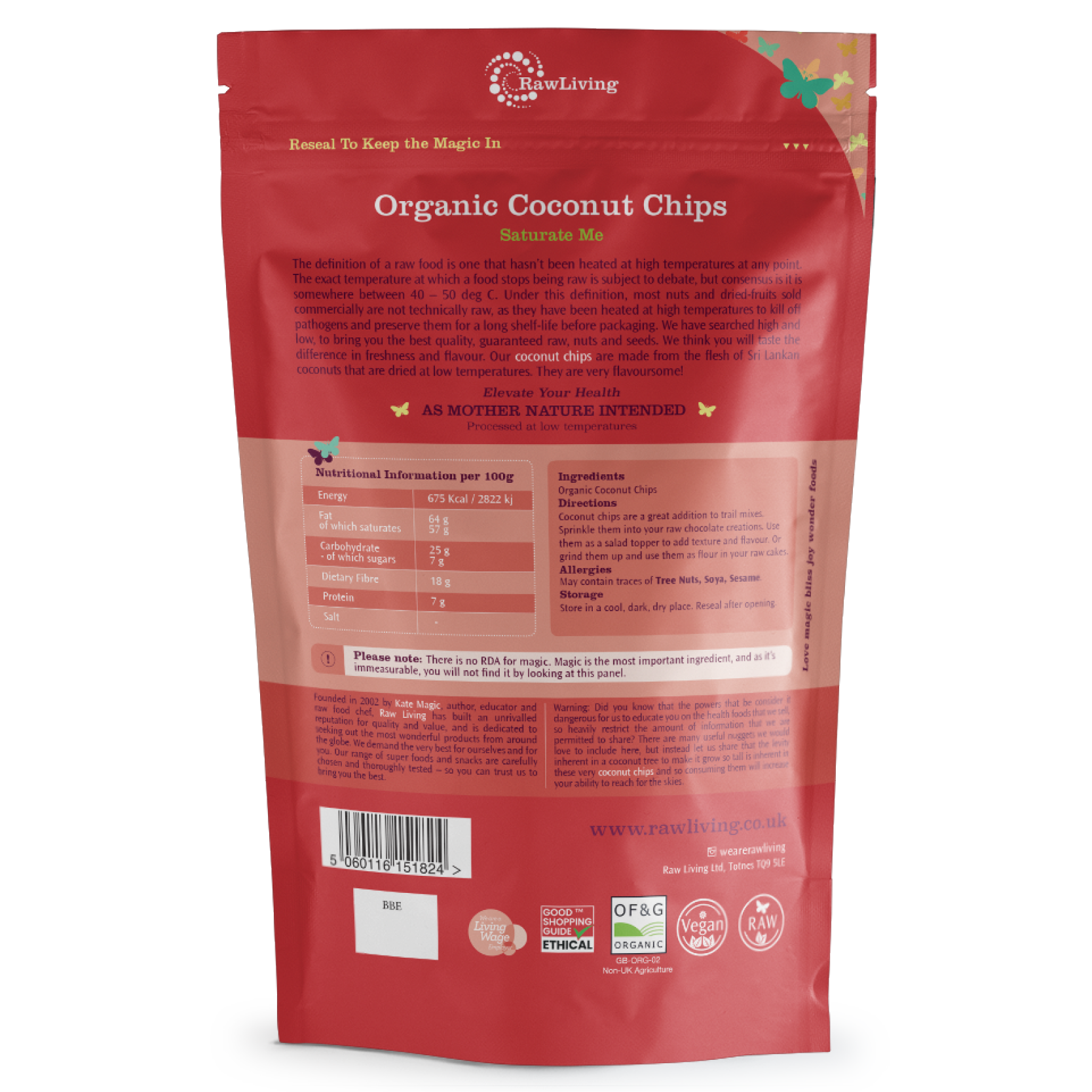 Red package of Organic Coconut Chips with text and labels on a white background