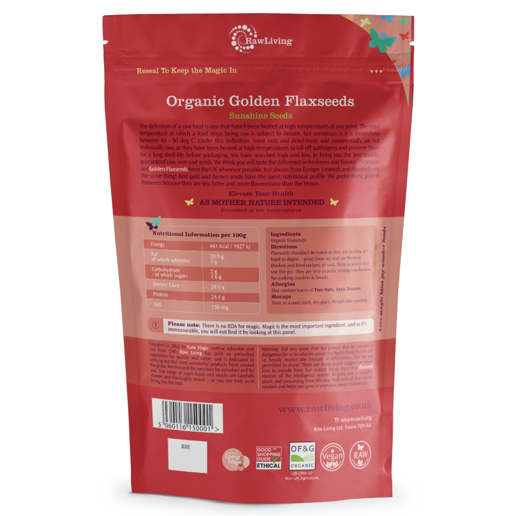 Red package of RawLiving Organic Golden Flaxseeds with nutritional information and branding.