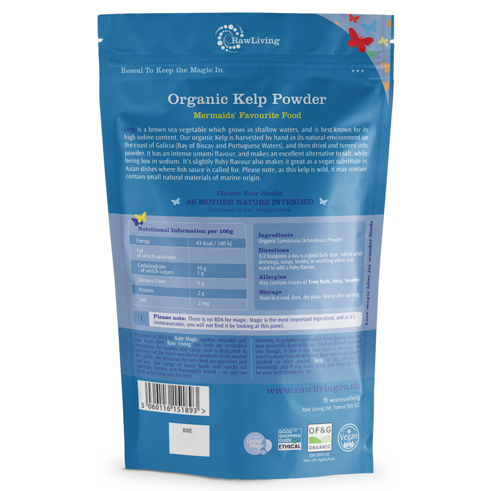 Blue package of RawLiving Organic Kelp Powder with text and branding.