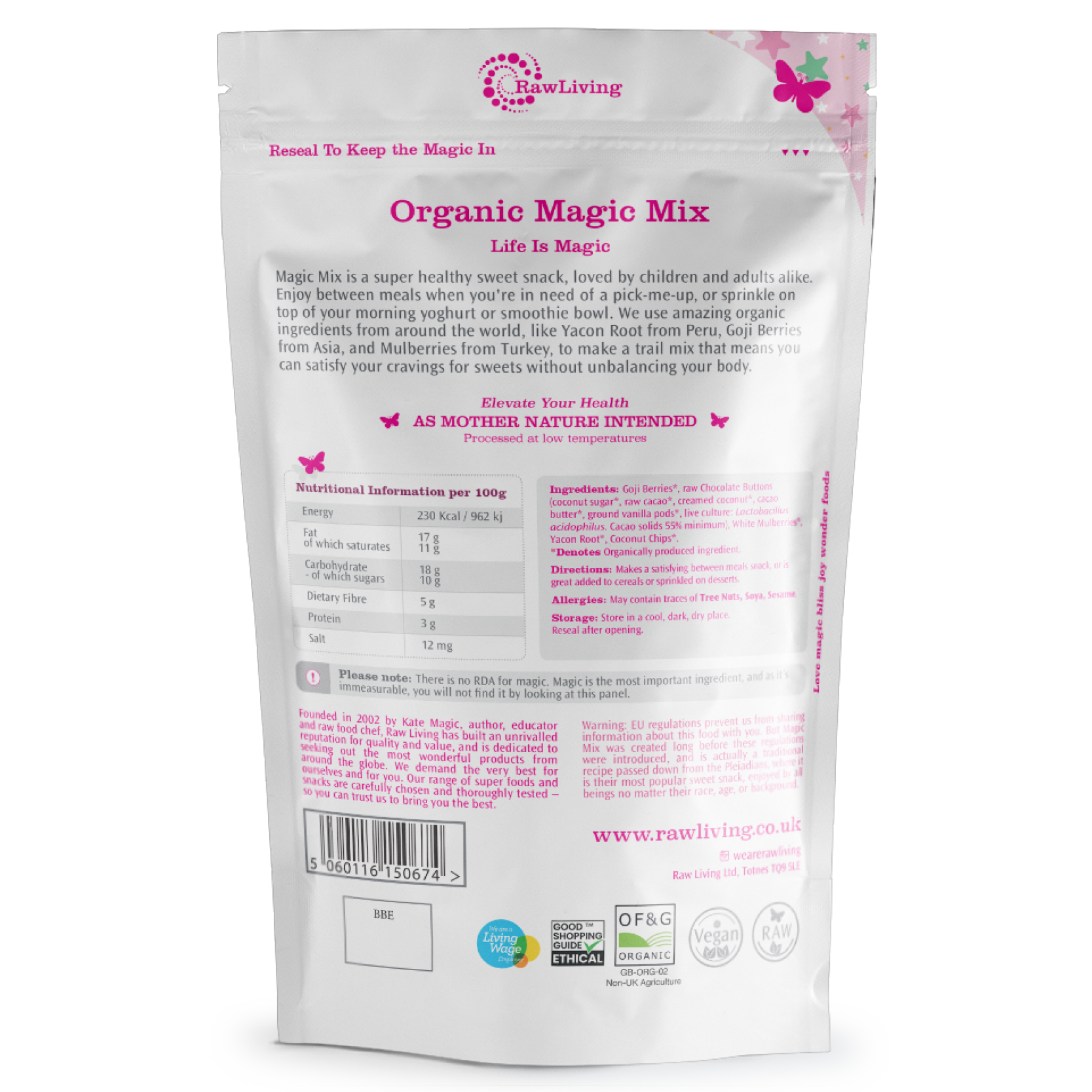 Raw Living Organic Magic Mix packaging with text and branding on a white background