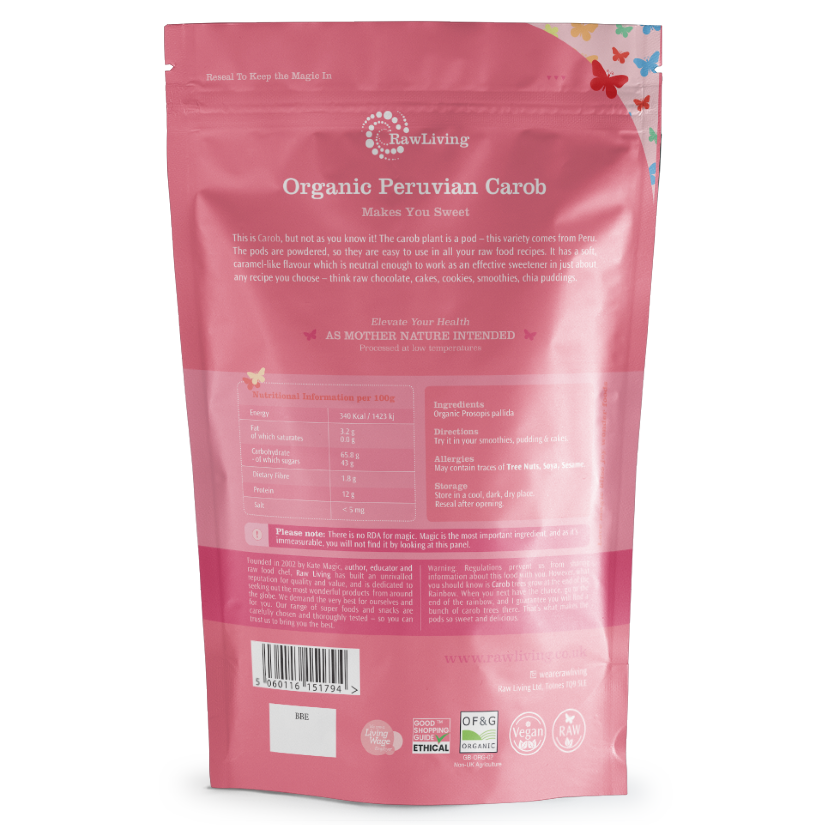 Pink package of Organic Peruvian Carob with text and logos on a white background