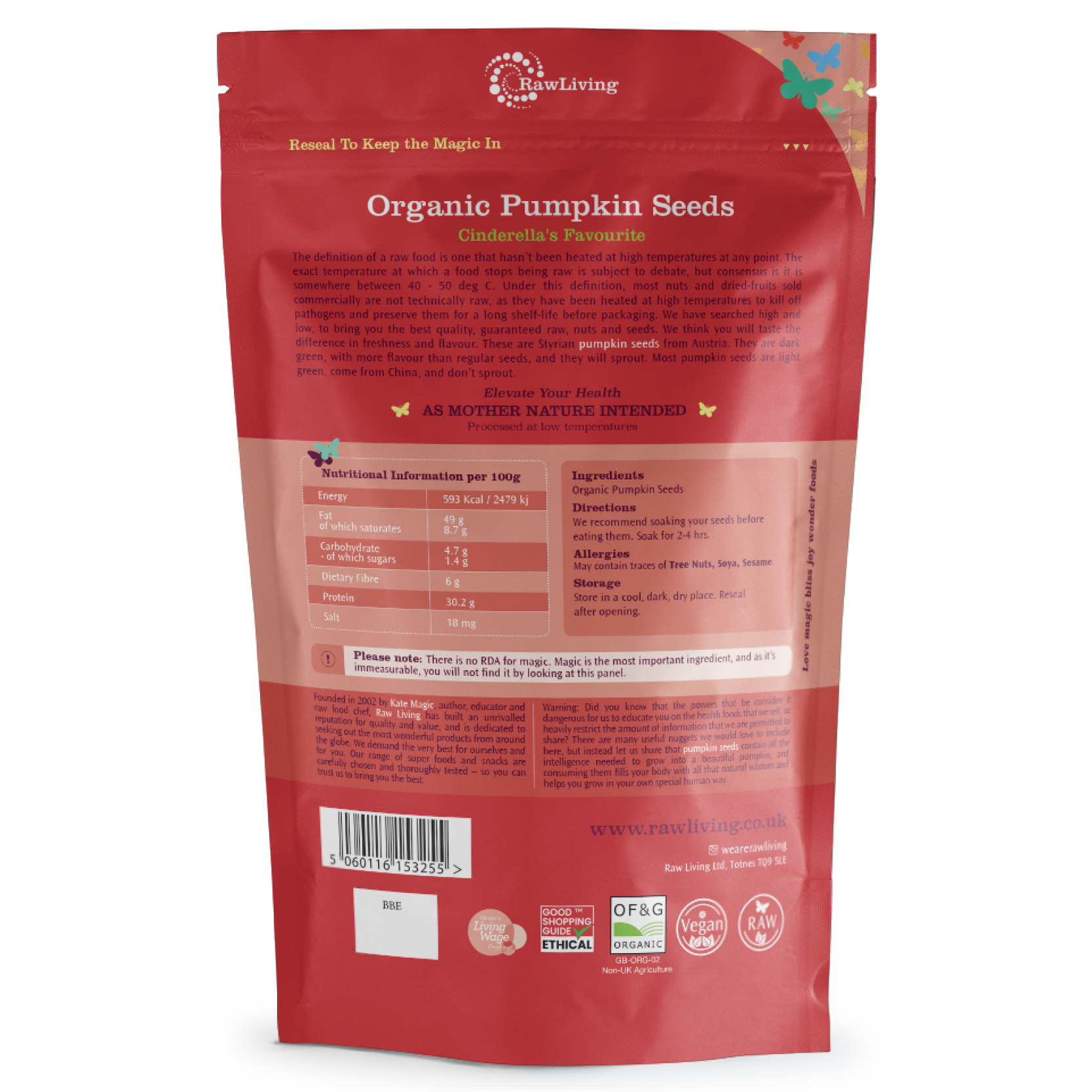 Red package of RawLiving Organic Pumpkin Seeds on a white background