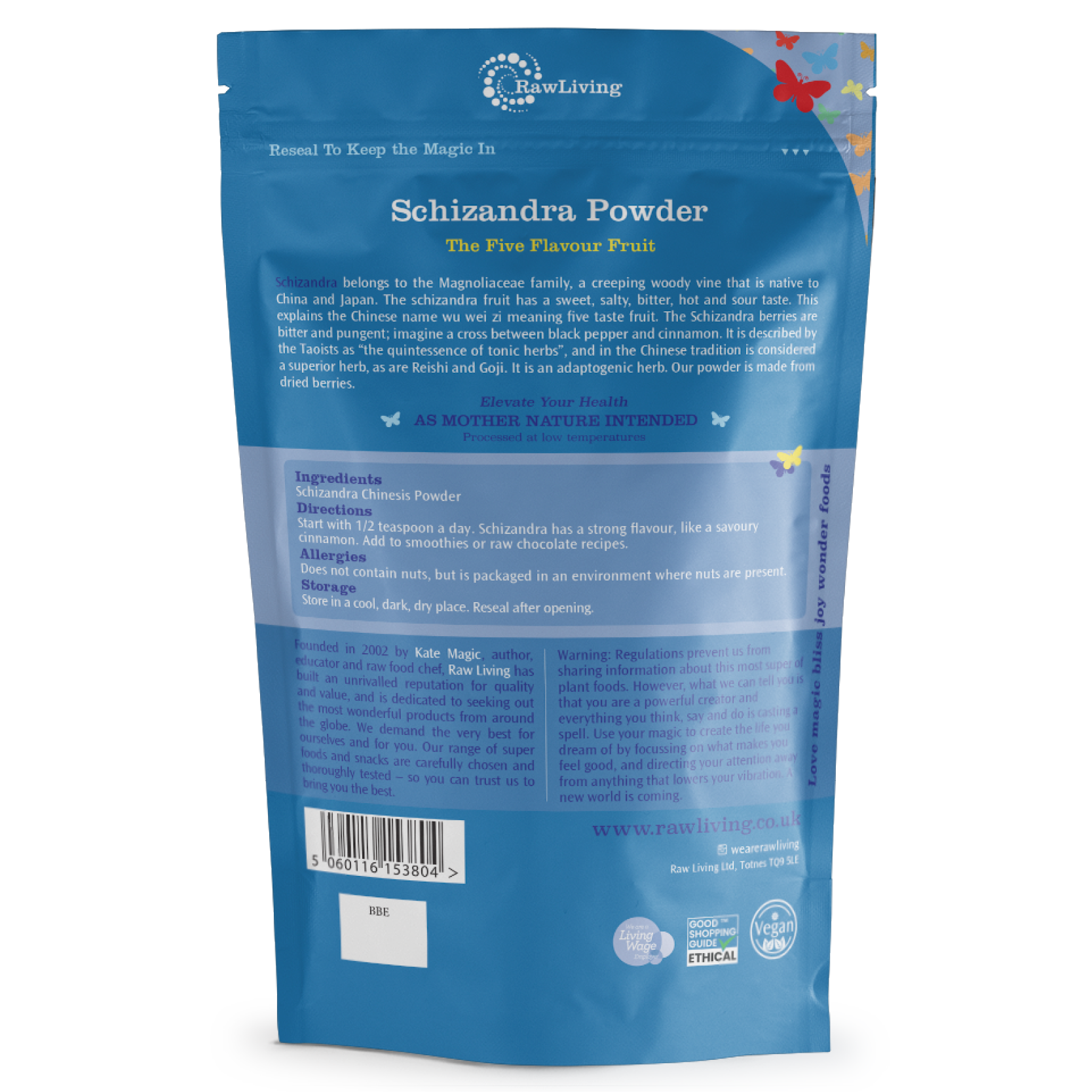 Blue package of Schizandra Powder with text and branding on a white background