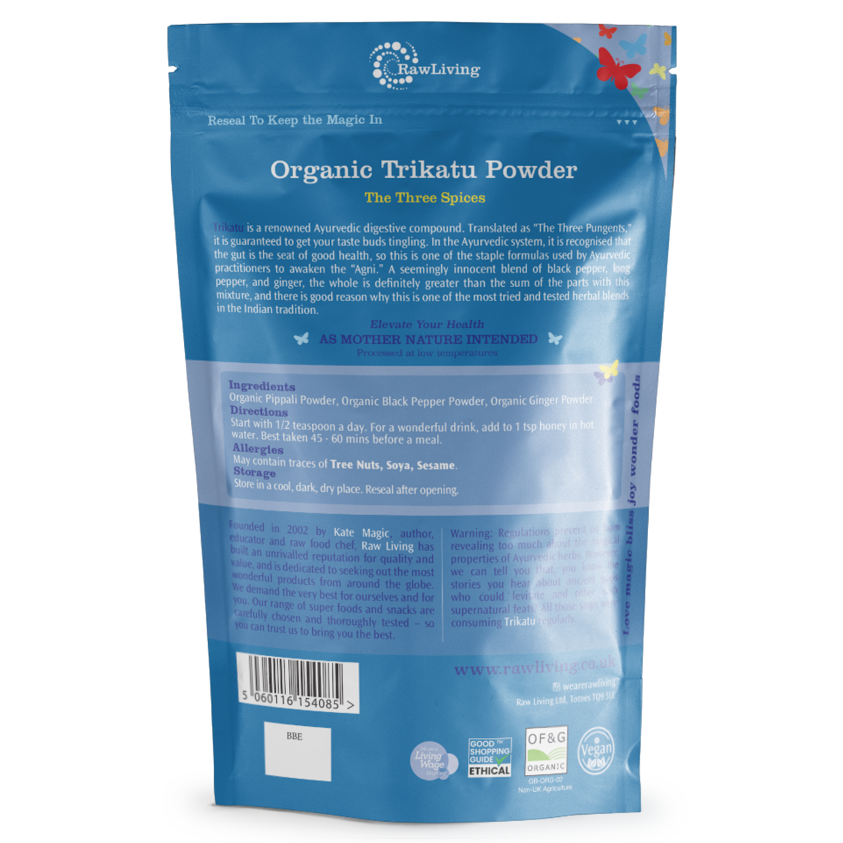 Blue package of Organic Trikatu Powder with text and branding on a white background