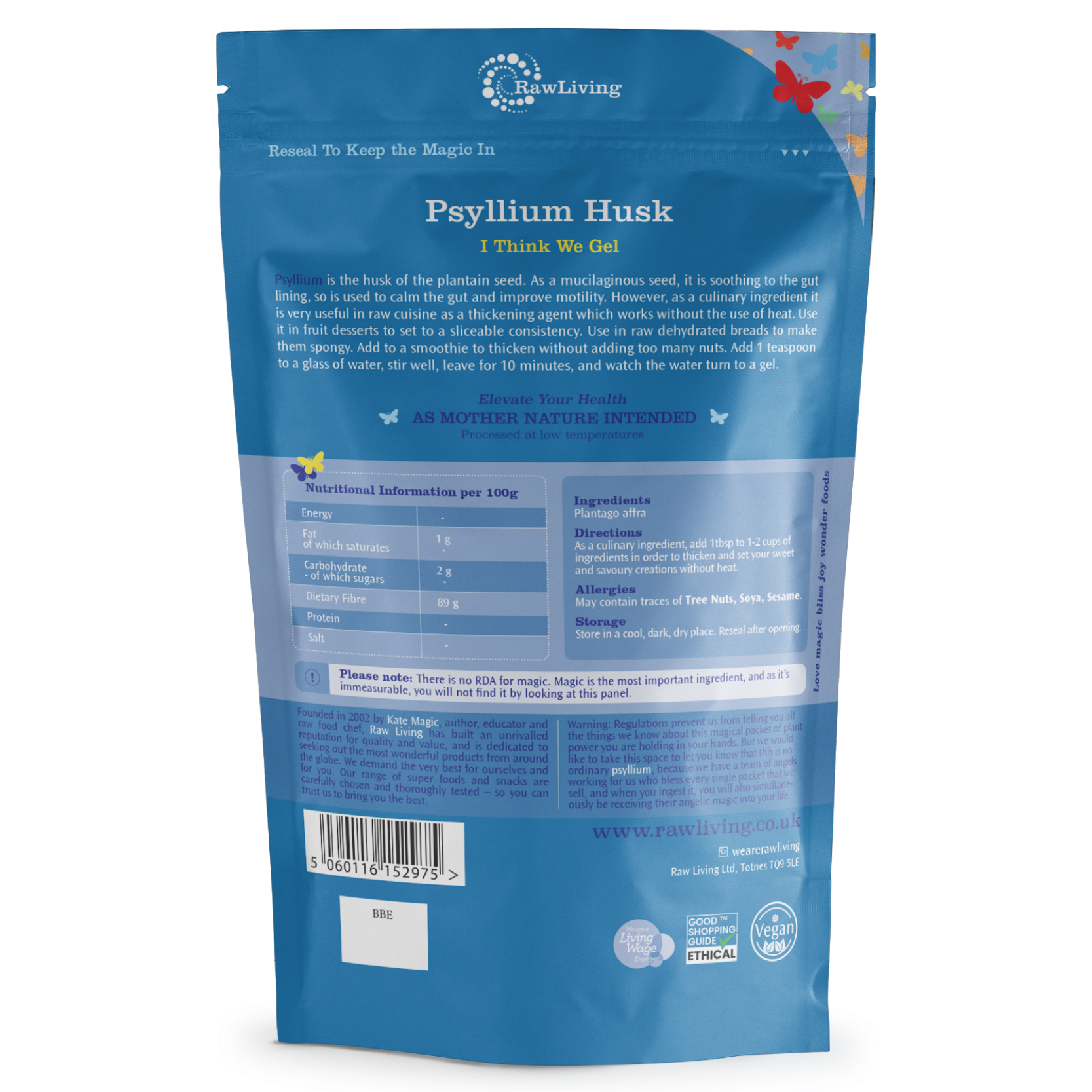 Blue package of Psyllium Husk with nutritional information and ingredients listed.