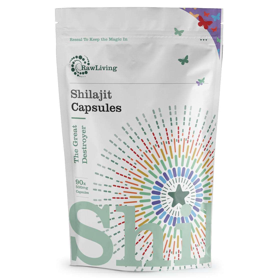 A pouch of Raw Living Shilajit Capsules with a colorful design featuring predominantly pink and blue hues, and text indicating the product is '90%+ Pure'.