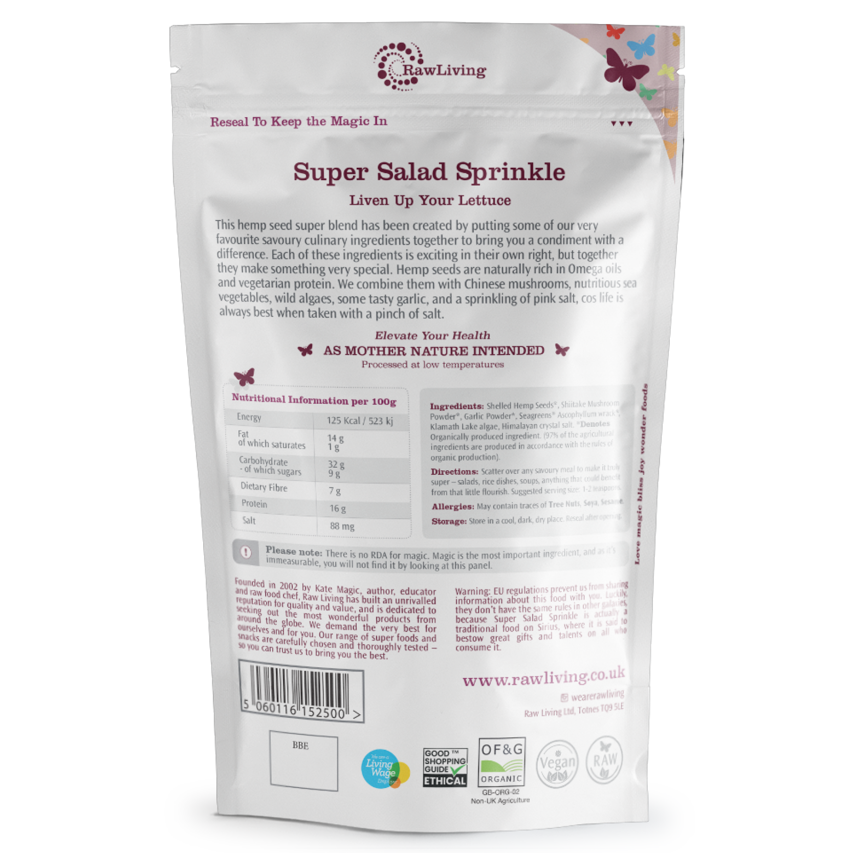 Super Salad Sprinkle package with Nutritional Information and Ingredients on a white background