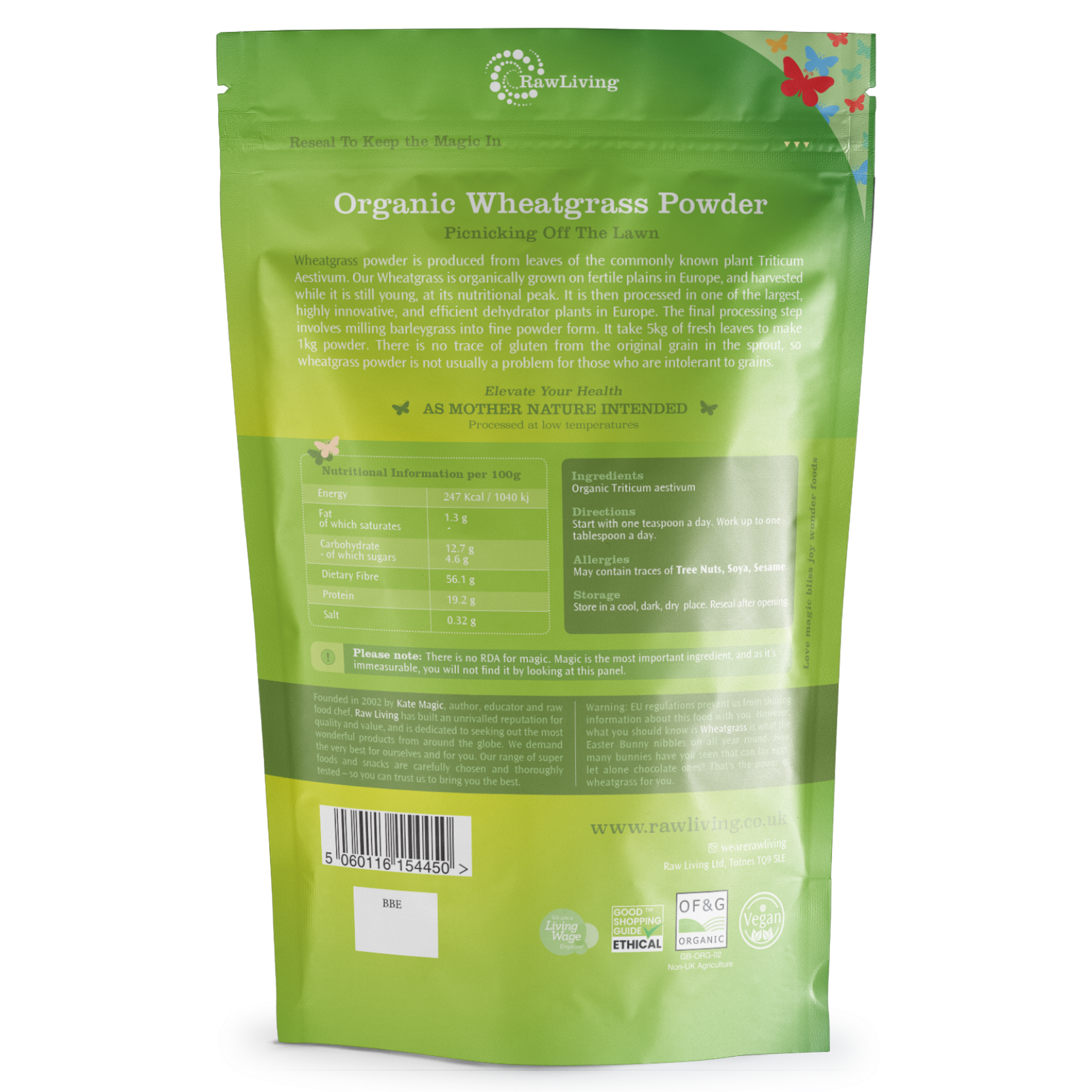 Green package of Organic Wheatgrass Powder with text and branding on a white background