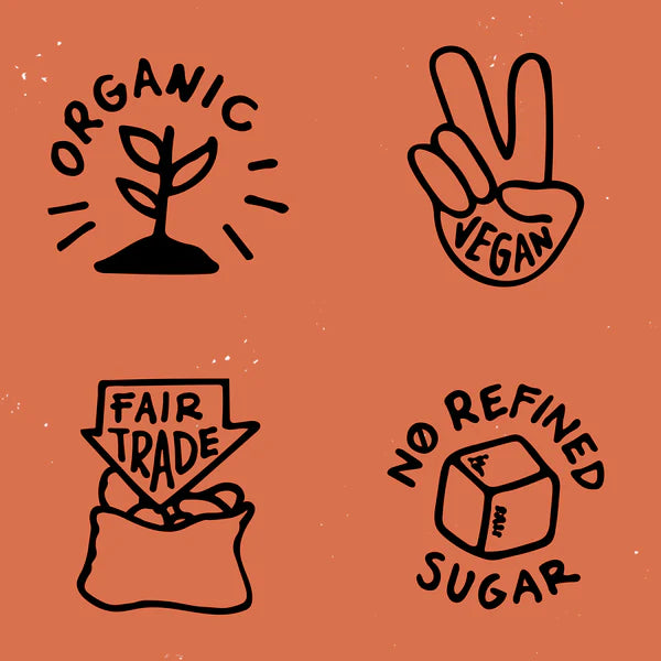 Four black illustrations on a brown background with 'Organic', 'Vegan', 'Fair Trade', and 'No Refined Sugar' text.