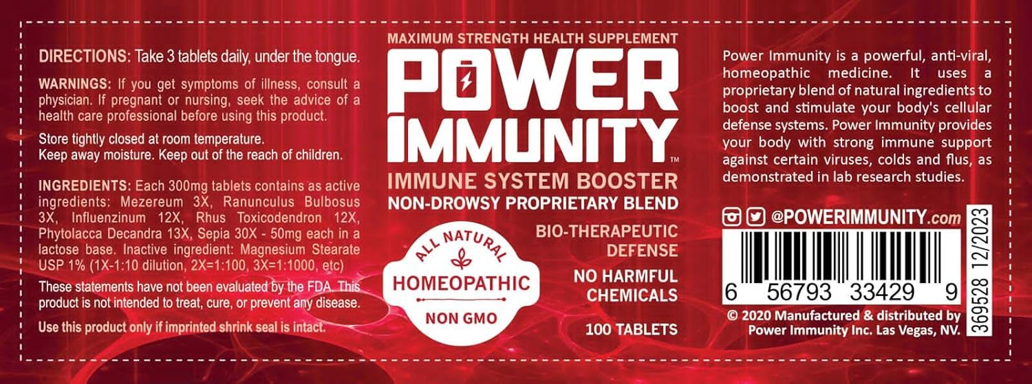Label of Power Immunity immune system booster supplement with red background and white text.