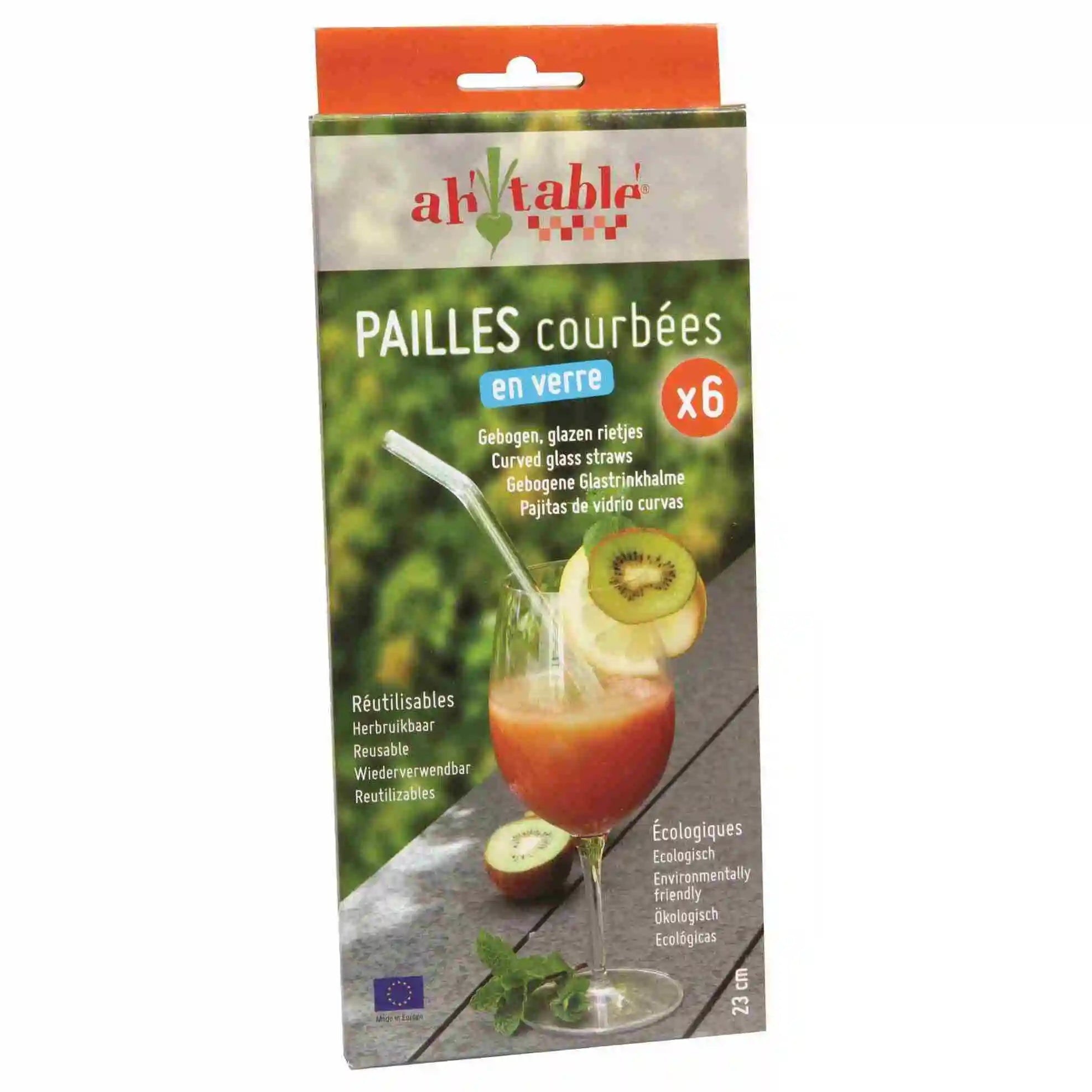 Packaging of Food Alive glass straws showing a set of clear curved glass straws, with the straws being used in a beverage setting.