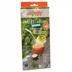 Packaging of Food Alive glass straws showing a set of clear curved glass straws, with the straws being used in a beverage setting.