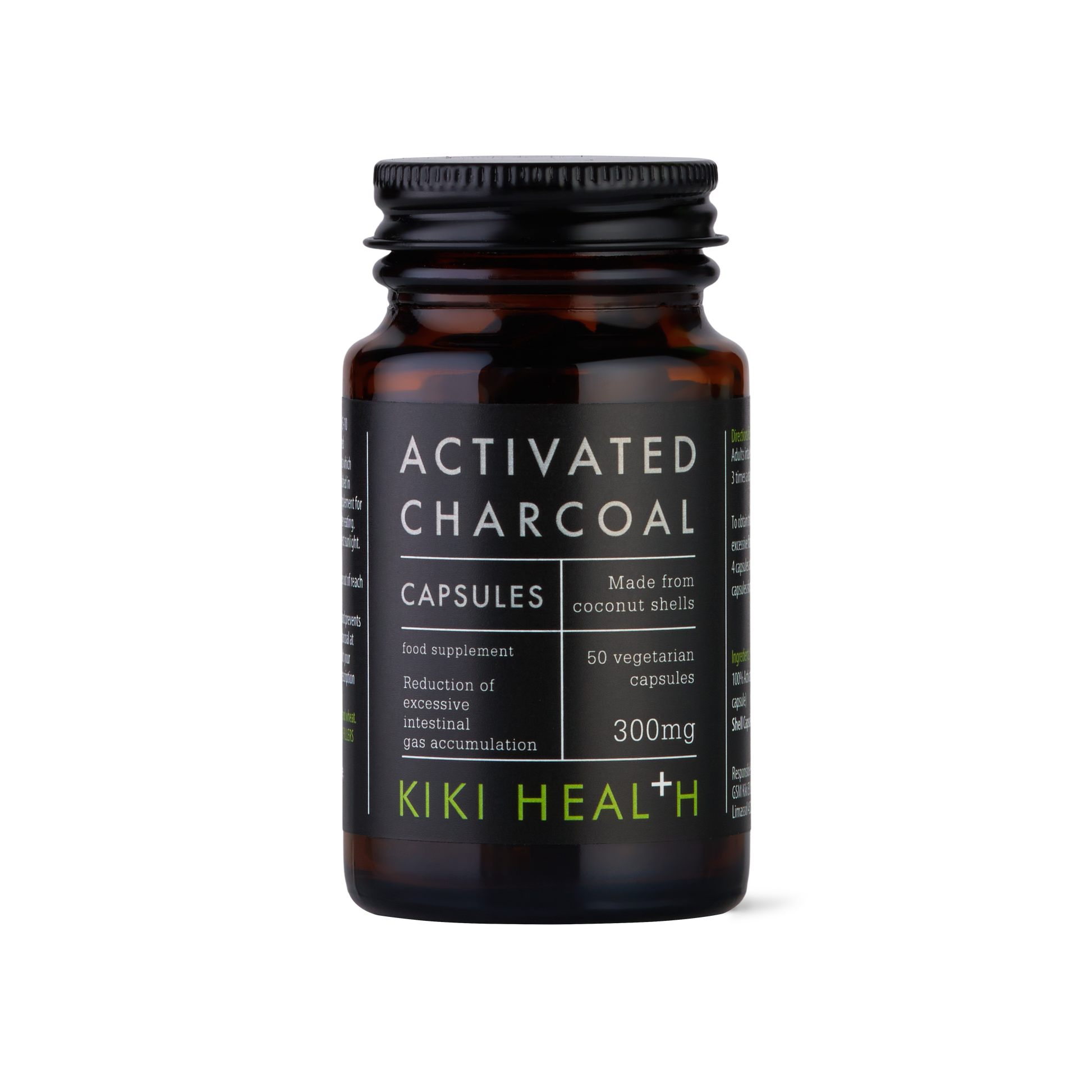 Activated Charcoal Capsules | Kiki Health | Raw Living UK | Supplements | Kiki Health Activated Charcoal Capsules (50 x 300mg) a high-quality, pure carbon supplement. Absorbs gasses & particles in the digestive tract. Whitens teeth.