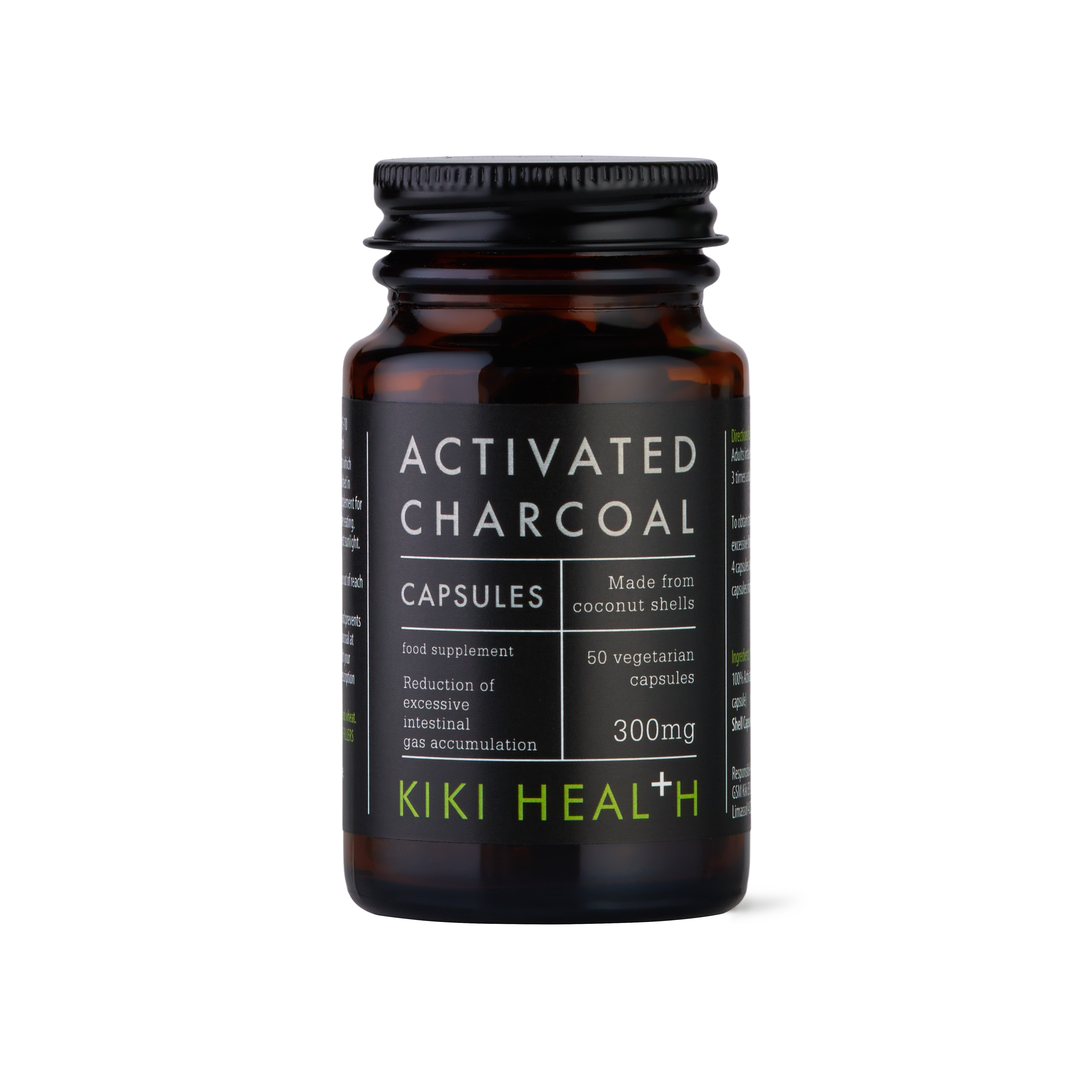 Activated Charcoal Capsules | Kiki Health | Raw Living UK | Supplements | Kiki Health Activated Charcoal Capsules (50 x 300mg) a high-quality, pure carbon supplement. Absorbs gasses & particles in the digestive tract. Whitens teeth.