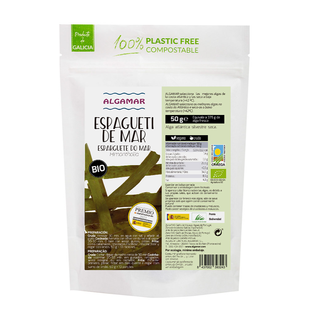 Organic Sea Spaghetti | Algamar | Raw Living UK | Sea Vegetables | Raw Foods | Algamar's Organic Sea Spaghetti is harvested in Spain and is a tagliatelle like Seaweed. Like all Sea Vegetables, it is packed full of Delicious Nutrients.