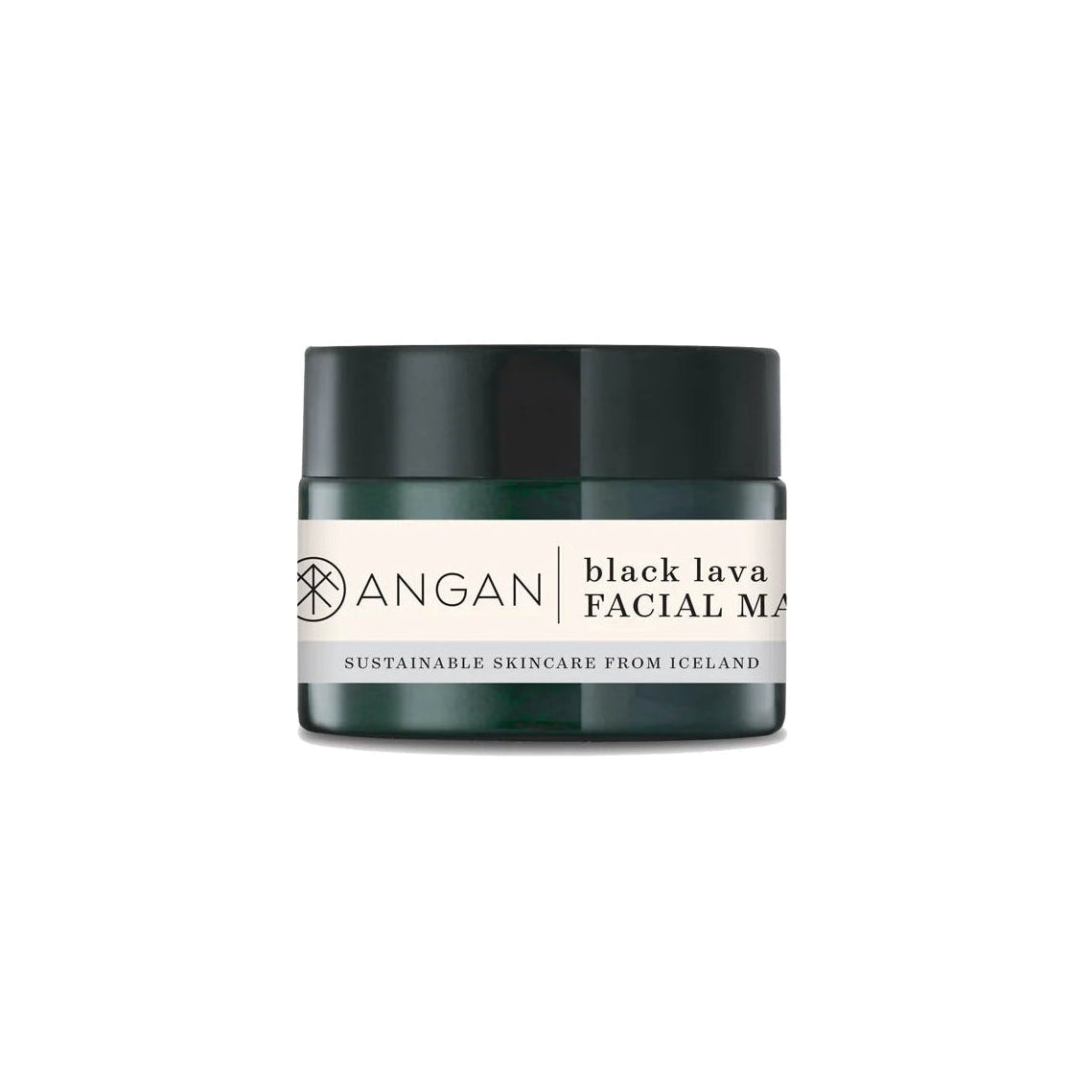 A jar of ANGAN Black Lava Facial Mask, with a label that includes the brand name and product description, against a white background.