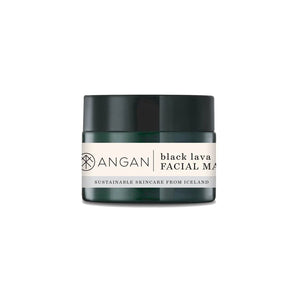 A jar of ANGAN Black Lava Facial Mask, with a label that includes the brand name and product description, against a white background.