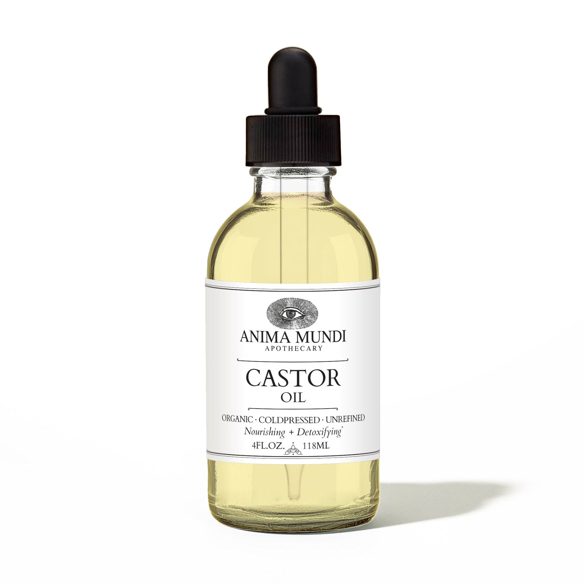 Bottle of Anima Mundi Castor Oil with dropper on a white background