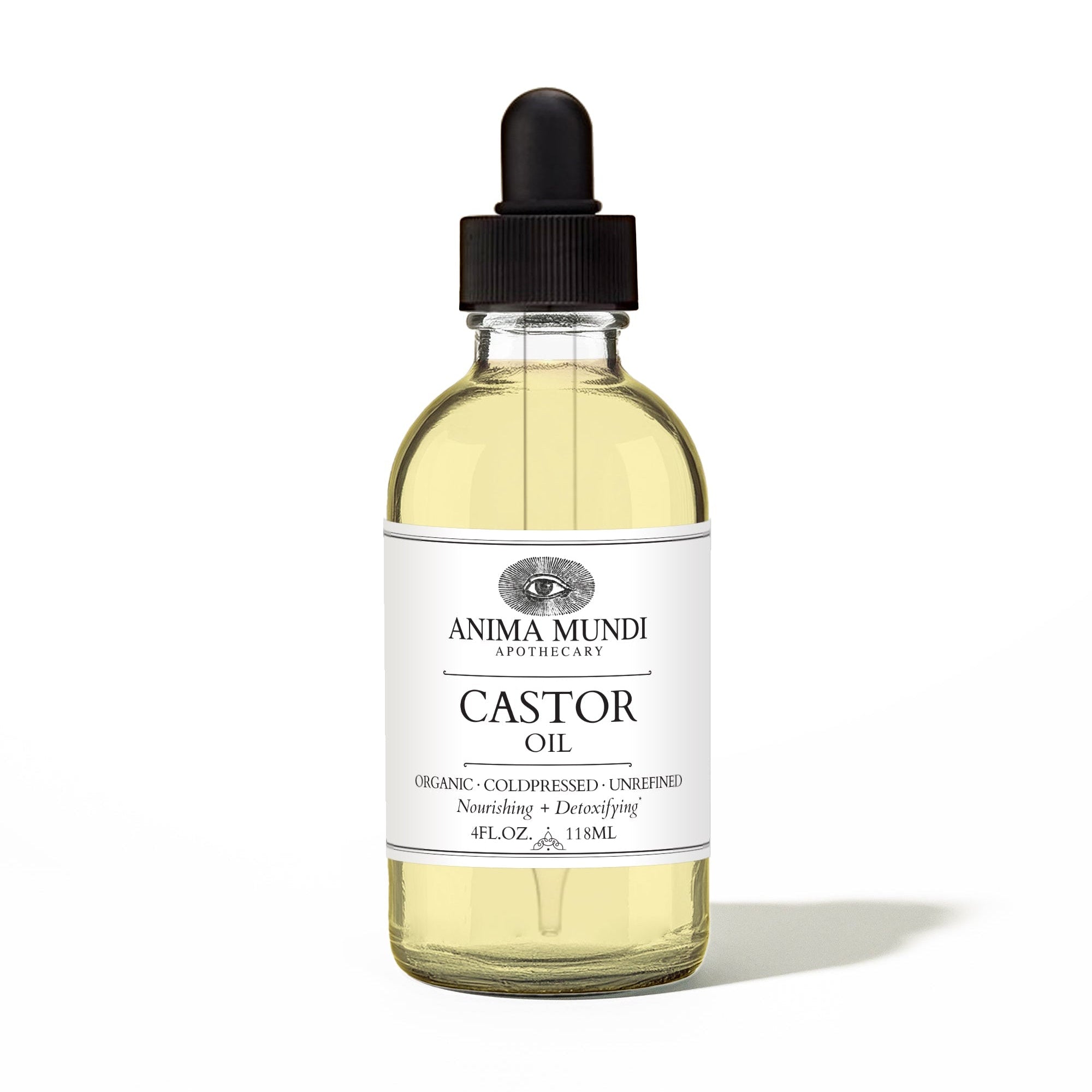 Bottle of Anima Mundi Castor Oil with dropper on a white background