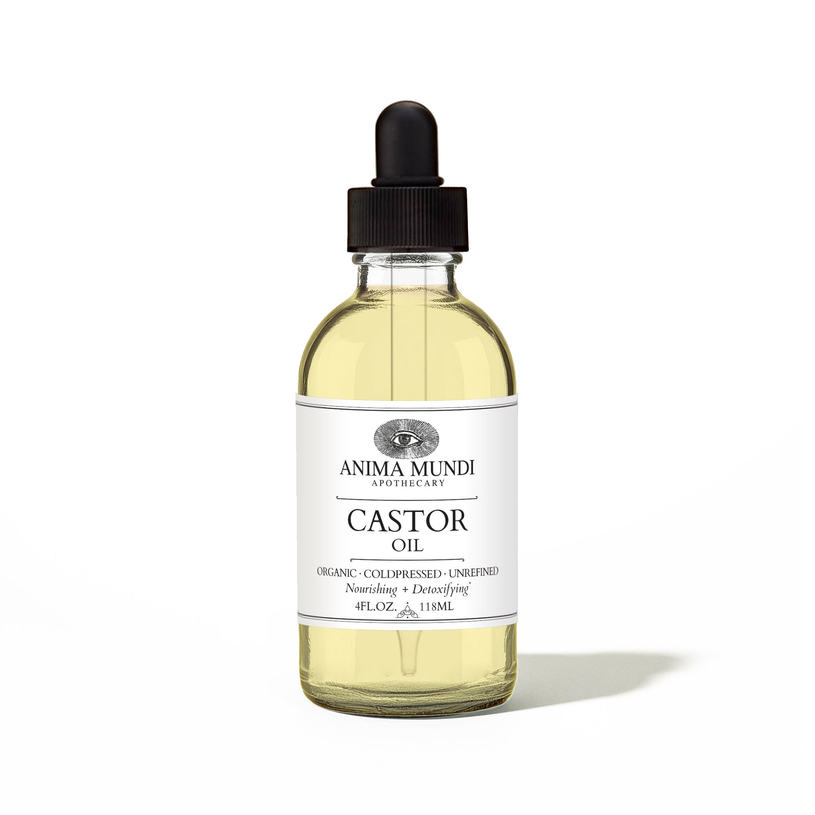 Bottle of Anima Mundi Castor Oil with dropper on a white background