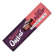 Ombar chocolate bar packaging with 'Coco Raspberry' flavor on a white background