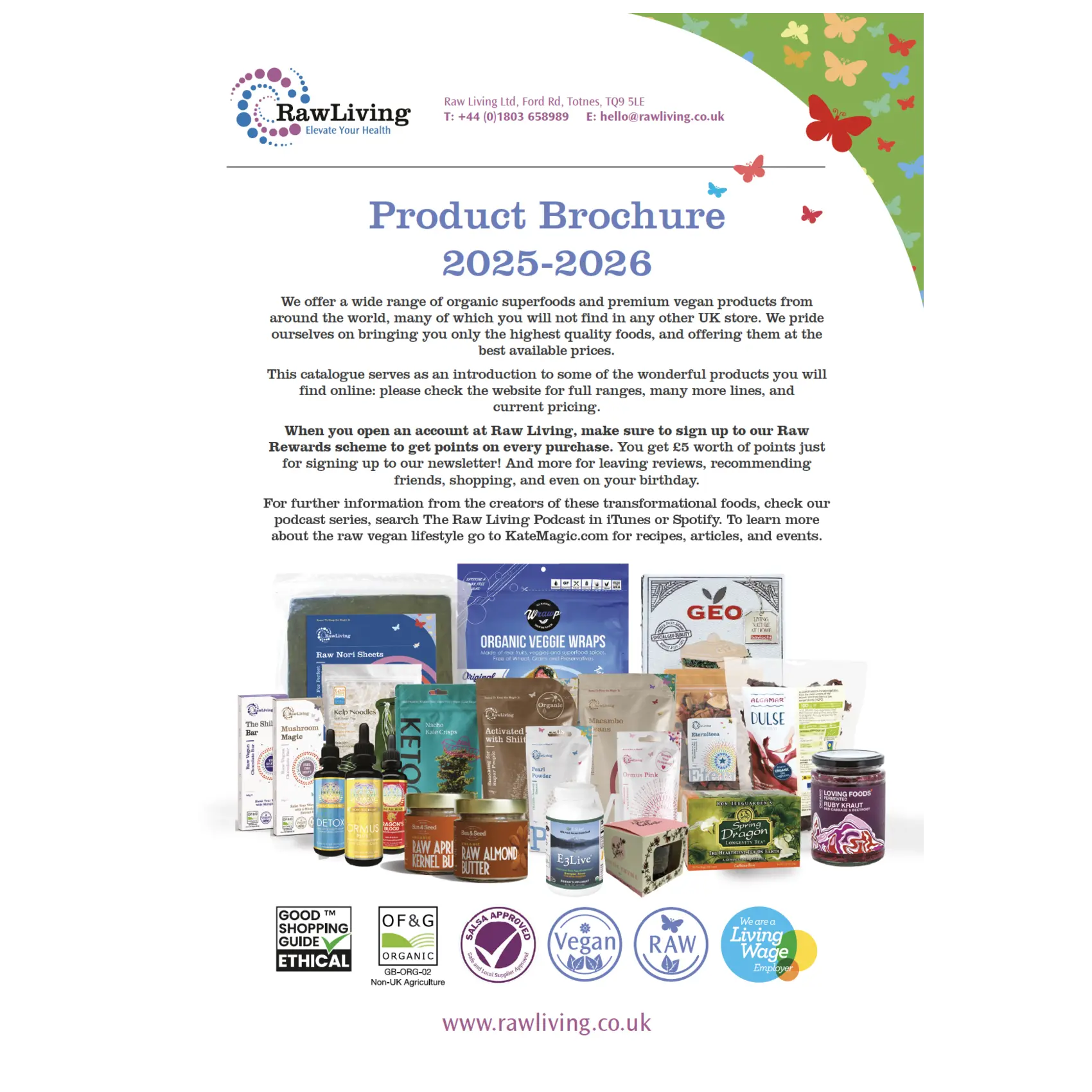 Product brochure for RawLiving with images of products and branding logos on a white background.