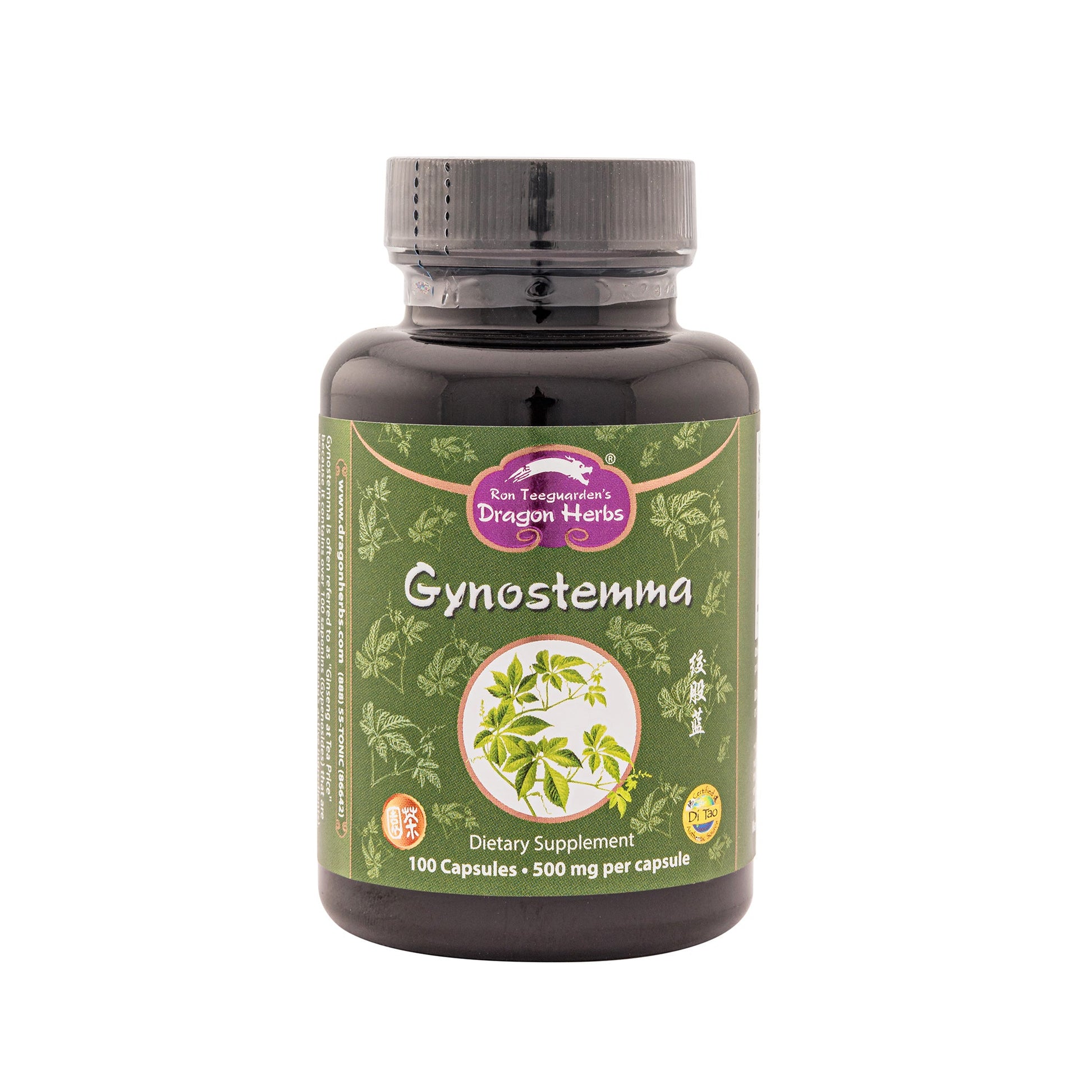 A bottle of Dragon Herbs Gynostemma dietary supplement with 100 capsules, each containing 500 mg of Gynostemma pentaphyllum leaf powder.