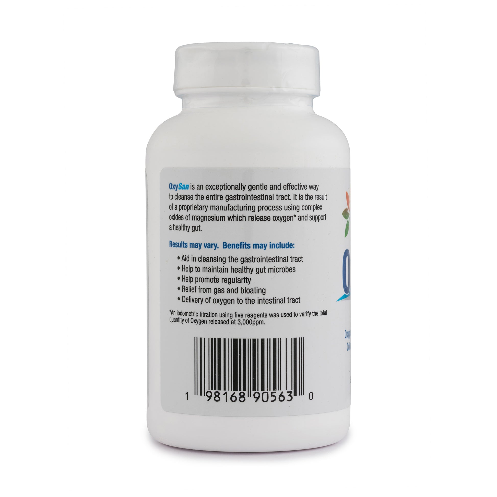 Back view of a supplement bottle with text and a barcode on a white background